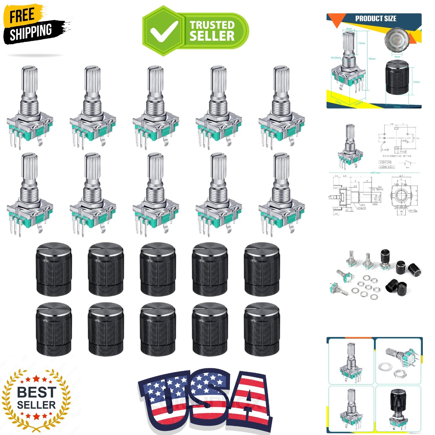 10 Pcs 360 Encoder Code Switch Digital Potentiometer with Push Button 5 Pins ...