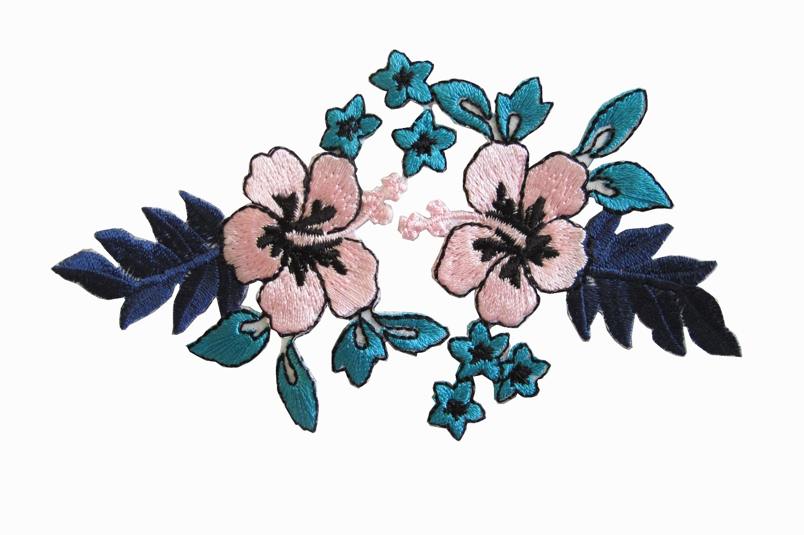 #6778B Pink Hibiscus w/Blue Flower Embroidery Iron On Applique Patch
