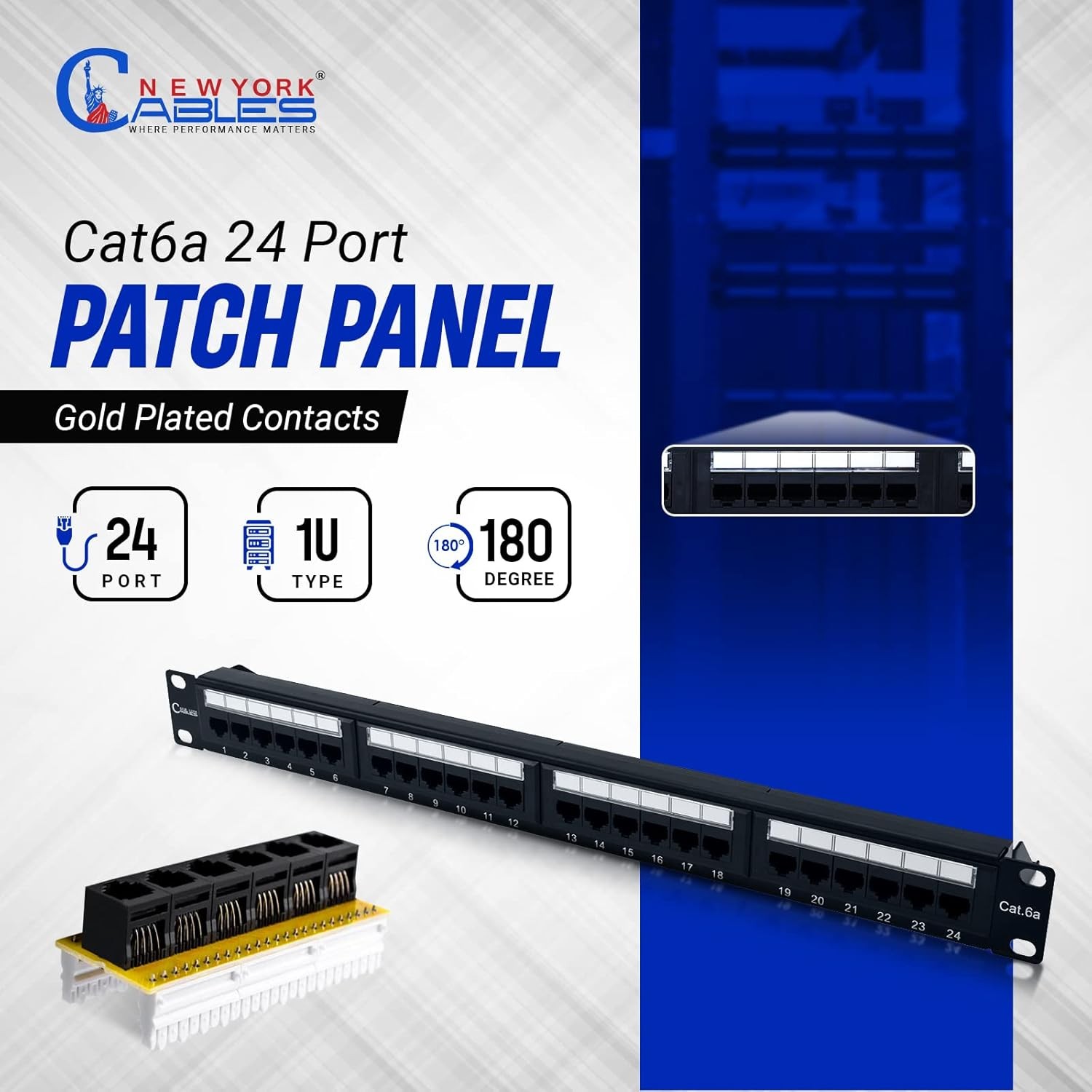 24 Port Cat6a, Cat6 Patch Panel, High Speed 10 GBit/s, 1U 19” R