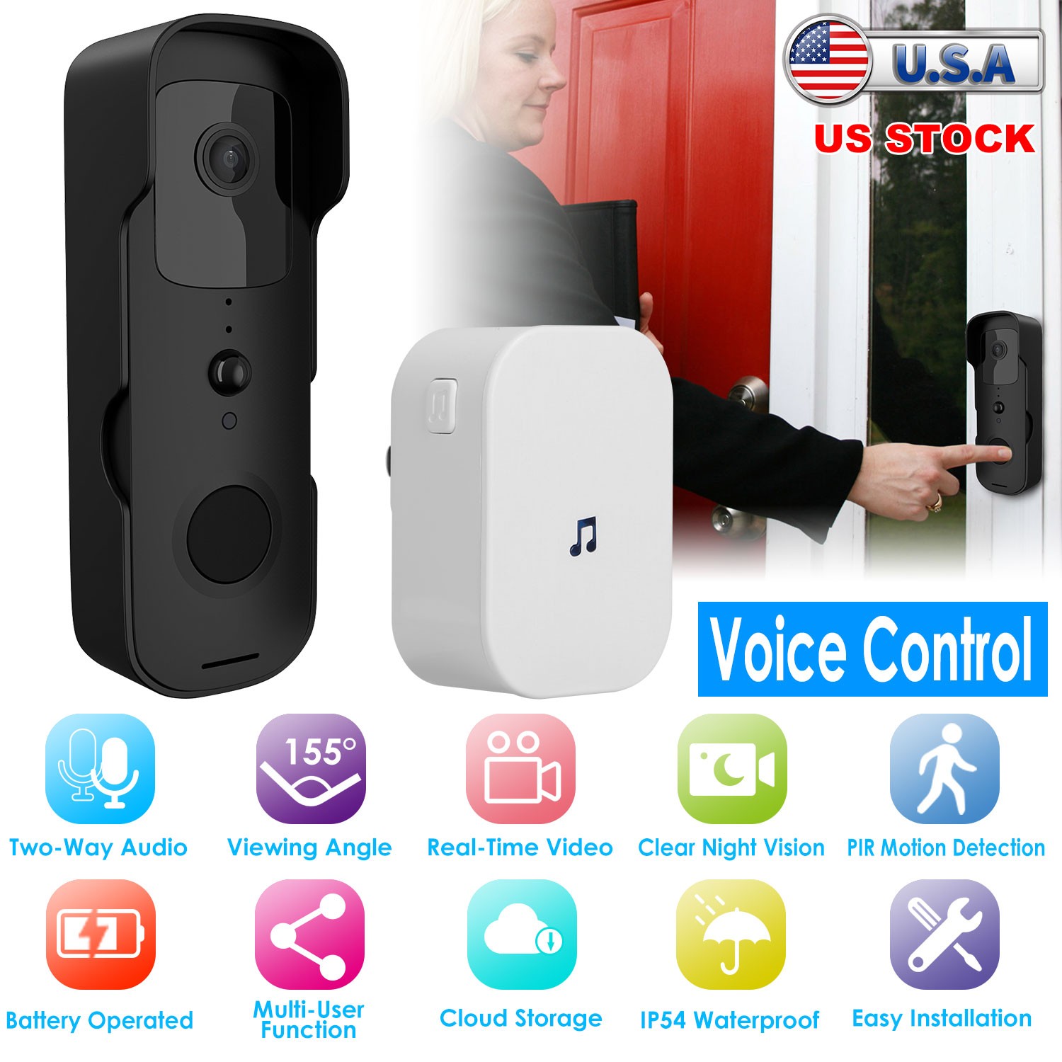 Wireless Security WiFi Doorbell 1080P Video Camera Chime Rechargeable Batteries