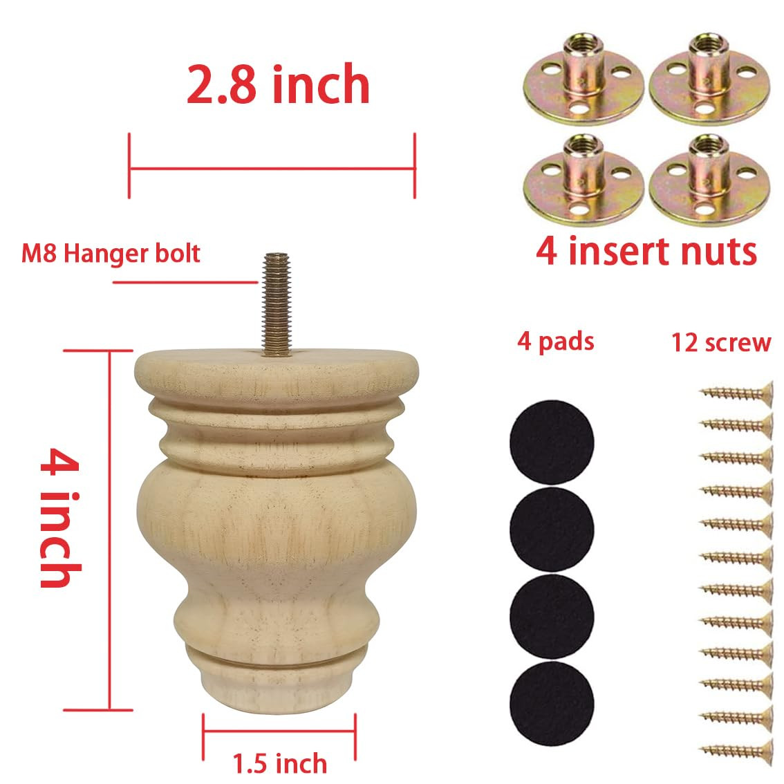 4 Inch Wooden Furniture Legs, Solid Wood Unpainted Furniture Legs, Ottoman/Lo...