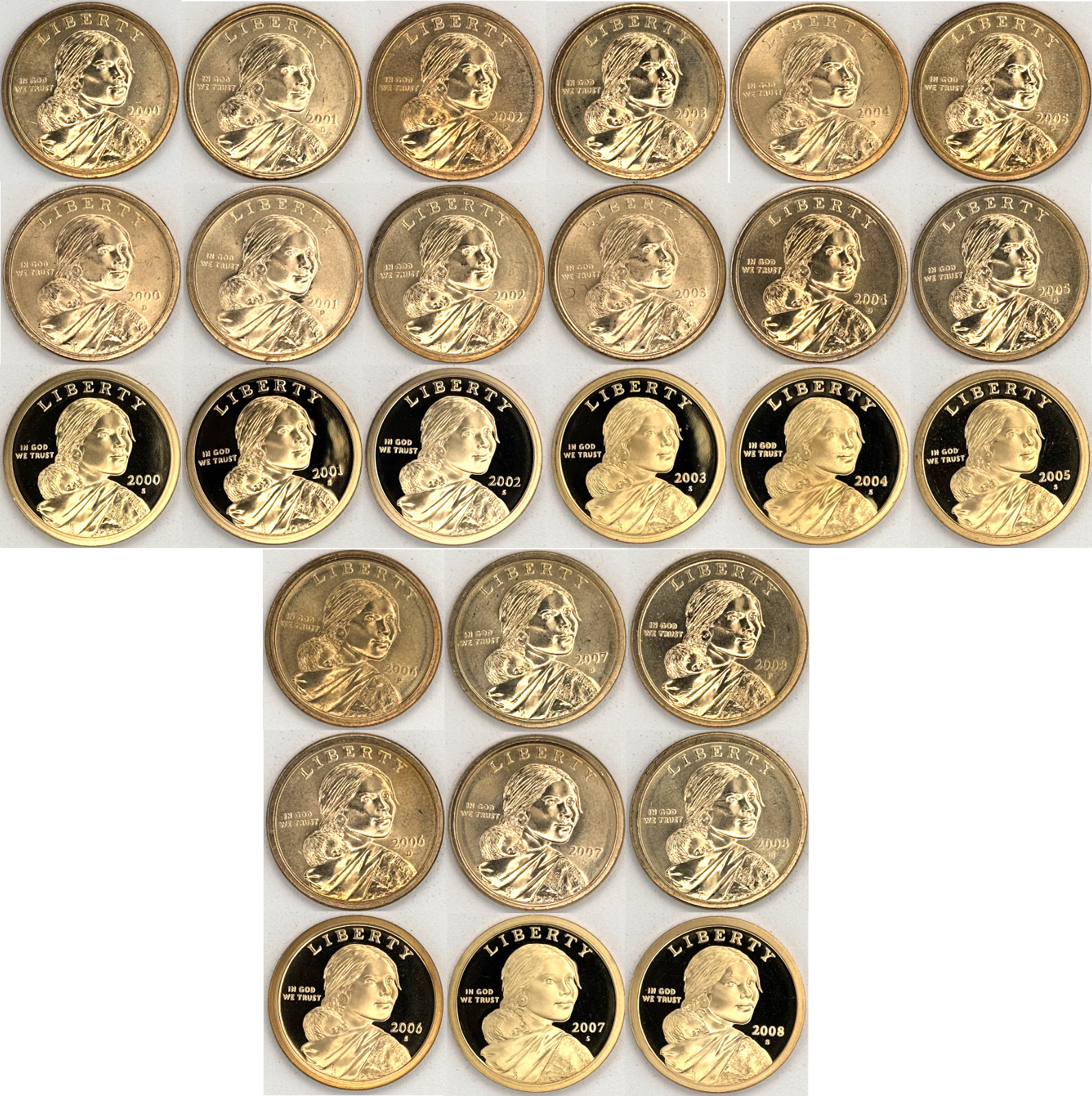 COMPLETE 2000–2008 PDS Sacagawea 27 Coin Golden Dollar Set Proof & Business Strk