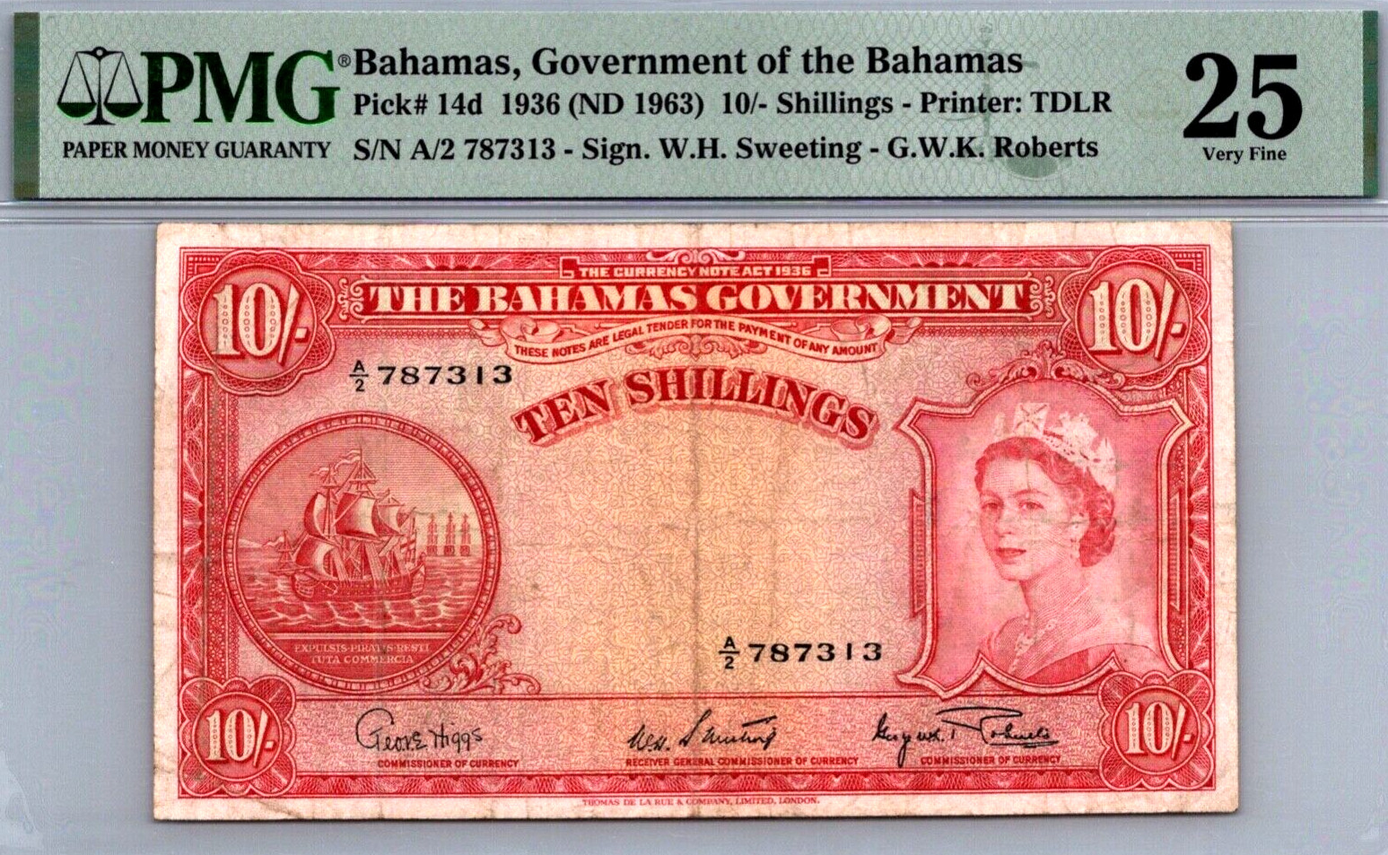 Bahamas 1936 10 Shillings PMG 25 VERY FINE P# 14d