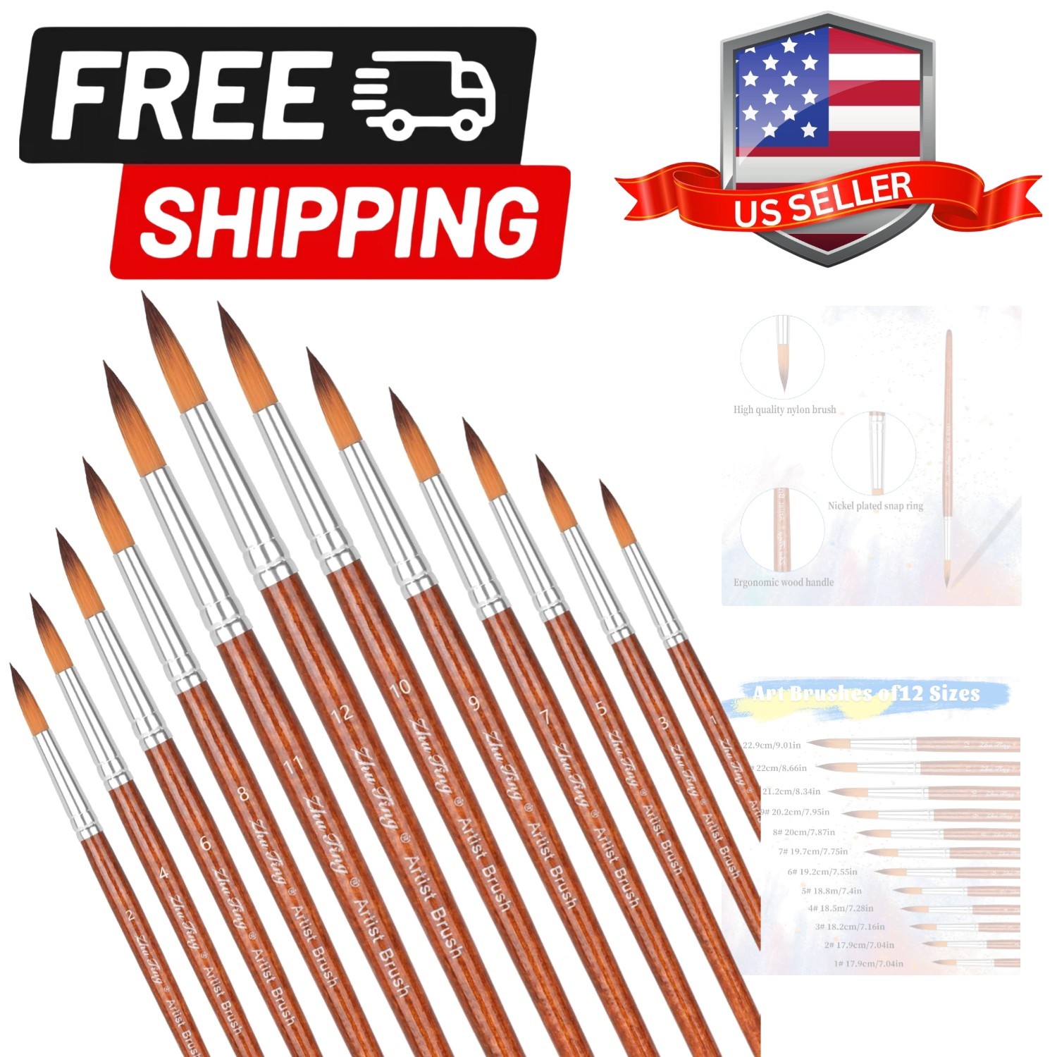 12pcs Round Watercolor Brushes for Acrylic Painting Round Pointed Paint Brush...