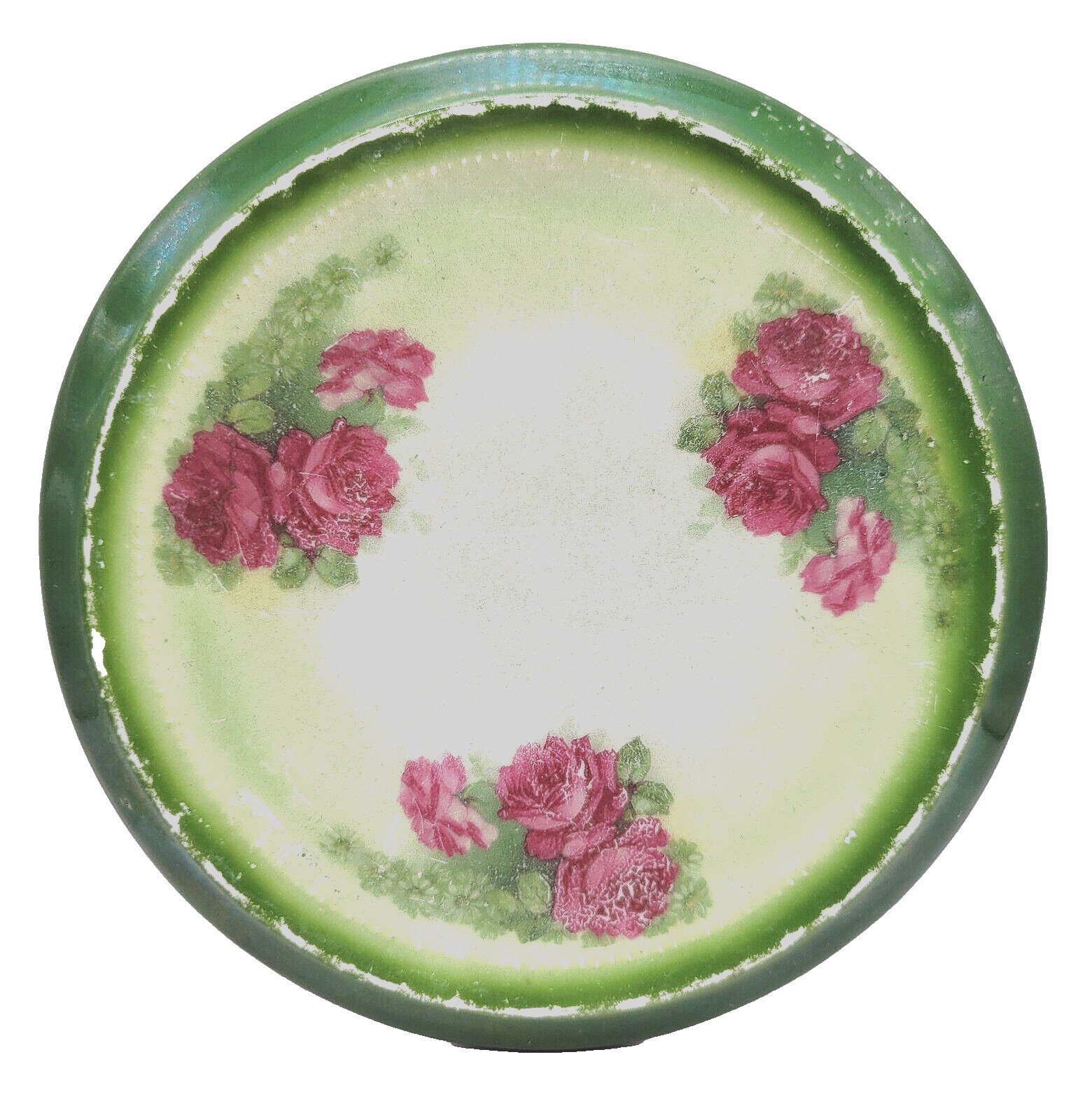 German Porcelain Early 1900s Tea Trivet Tile Hot Plate Green with Rose Bunches