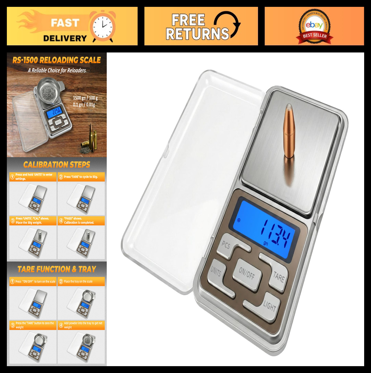 Digital Reloading Scale 1500g x 0.1gn - Precision Powder Scale with Metal Pan &