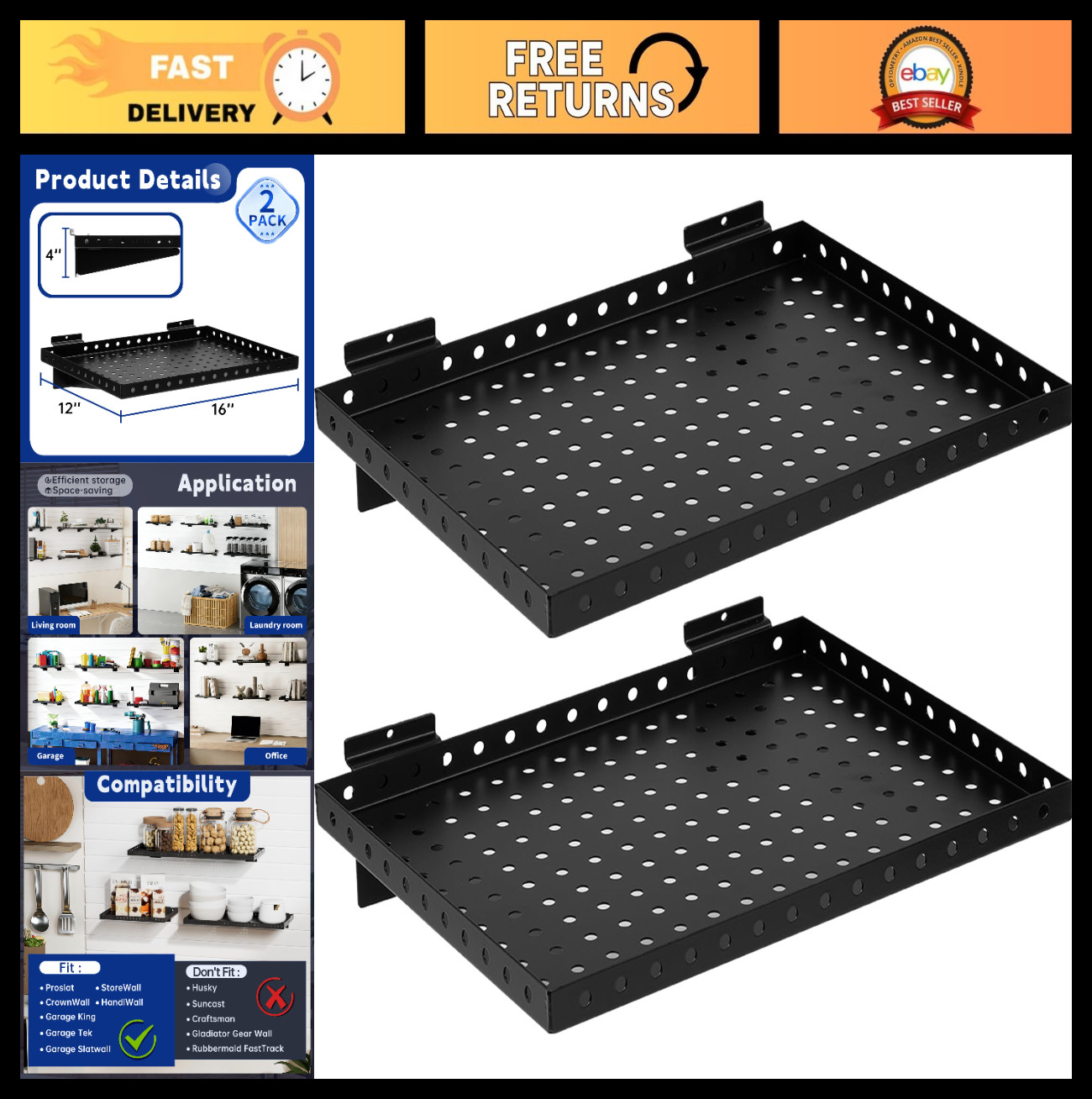 Heavy Duty Slatwall Shelf 16x12 Inch - Steel Storage Rack for Garage, Retail, Wo