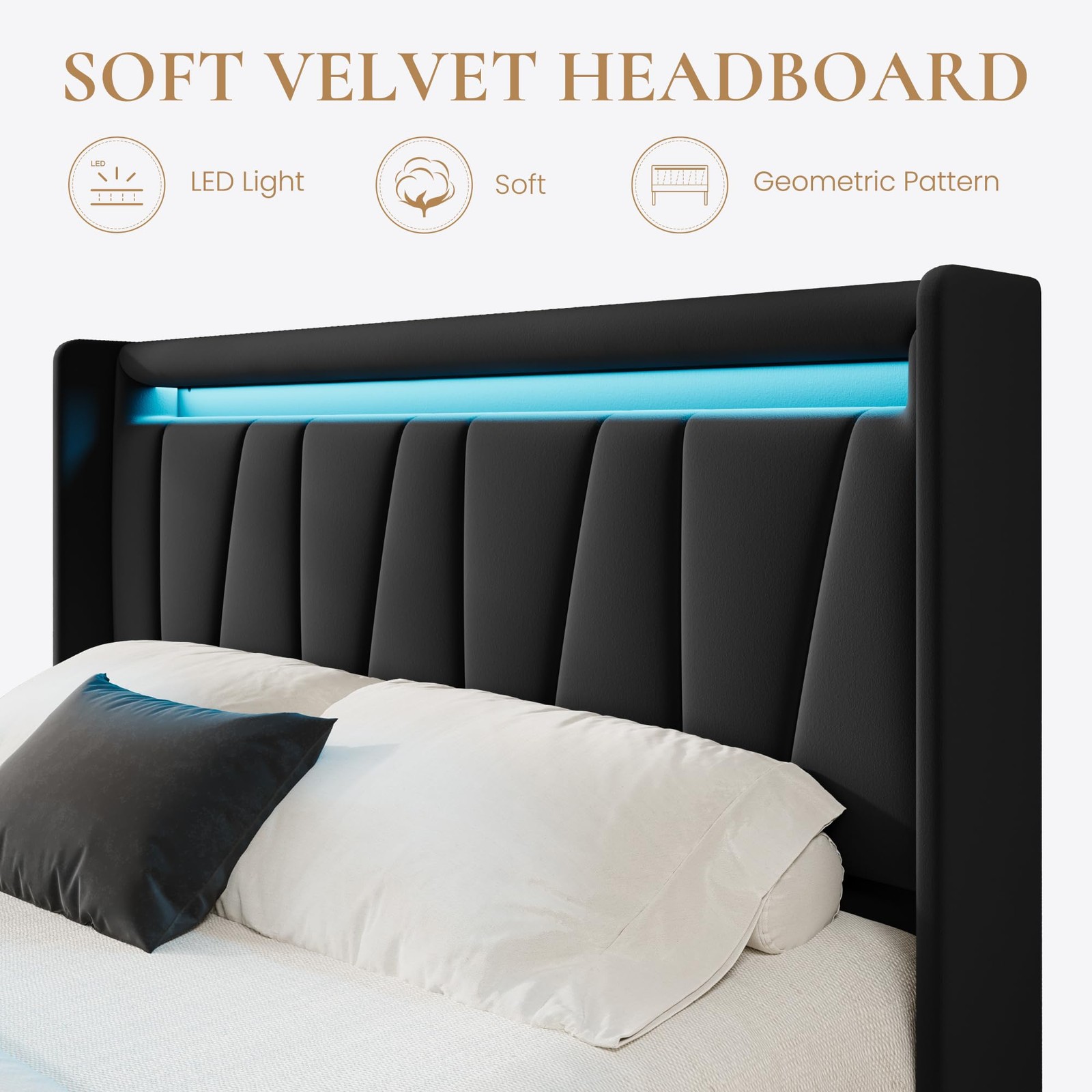 Full Size Bed Frame with Charging Station and LED Lights, Modern Velvet Platf...