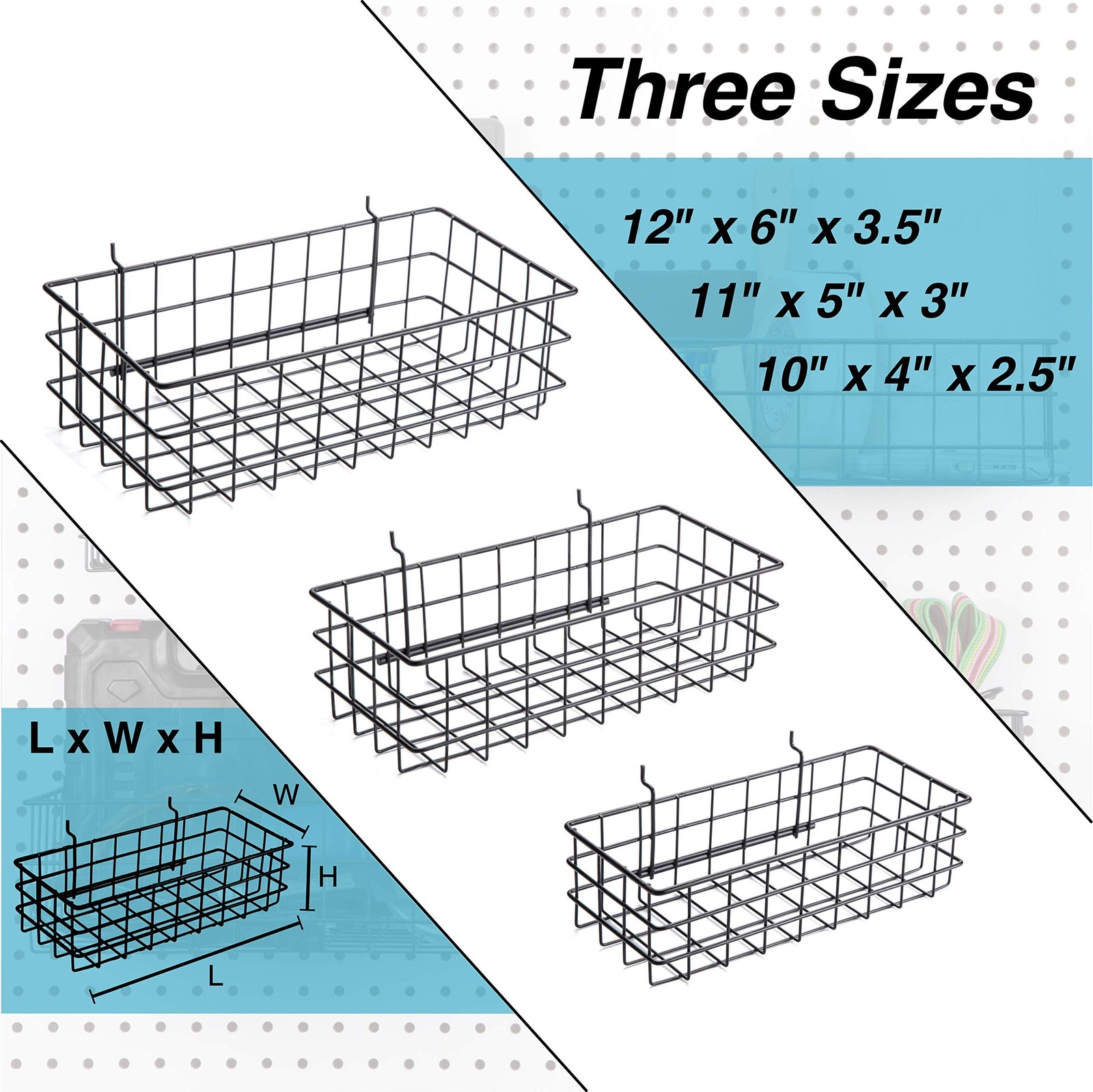 3 PCS Black Pegboard Baskets Square Style Metal Wire Wall Organizer Tools
