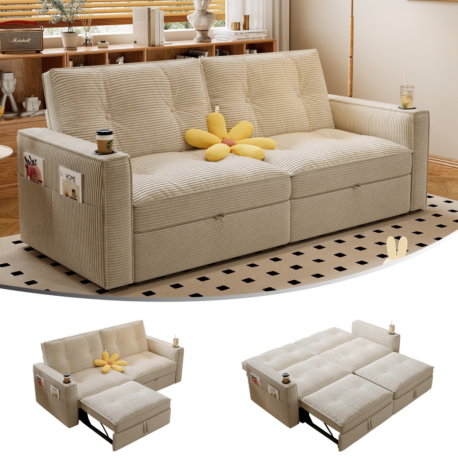 Modern Reclining Loveseat 2-in-1 Folding Sofa Bed w/ Cup Holders for Small Space