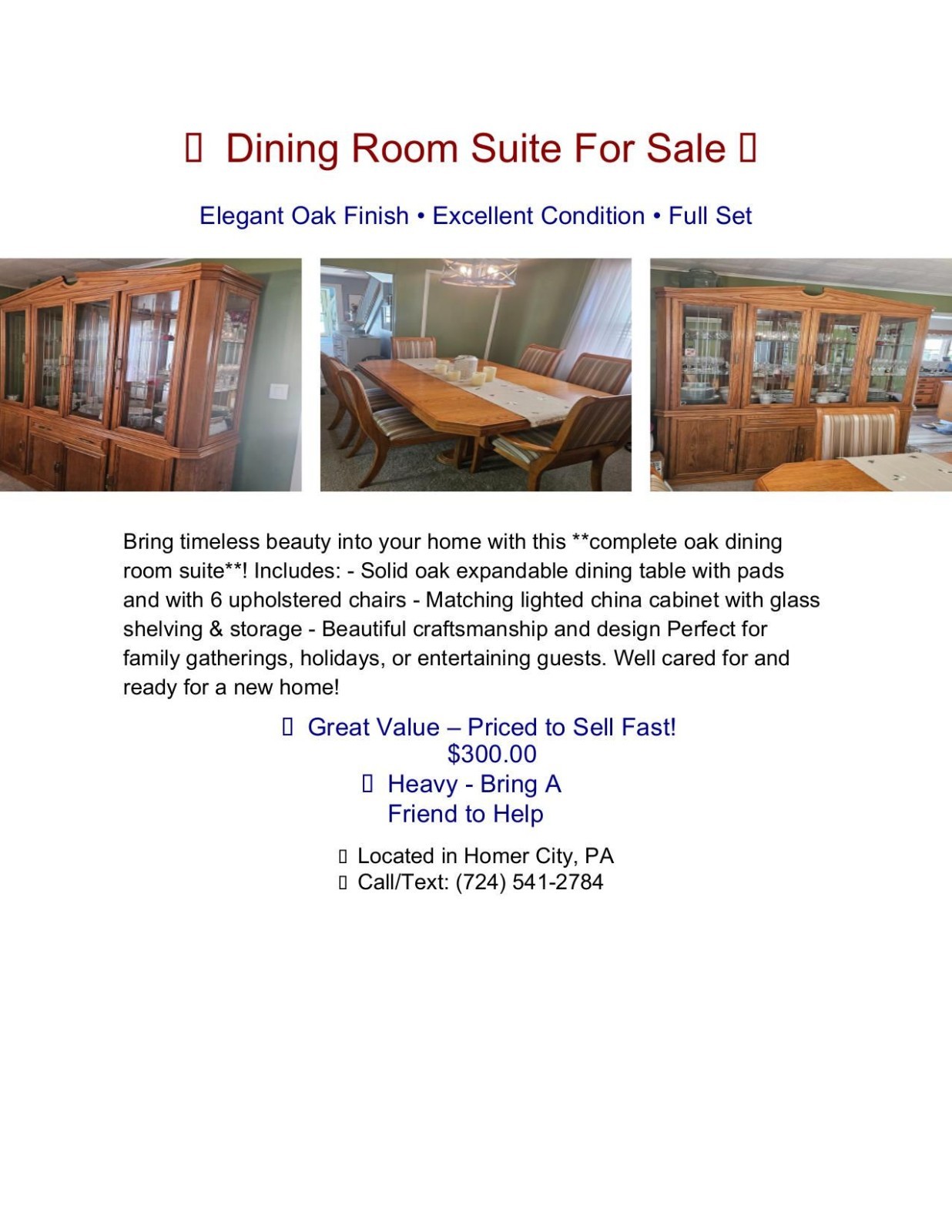Solid Oak Dining Room Set w/ Extendable Table, 6 Chairs & Lighted China Cabinet