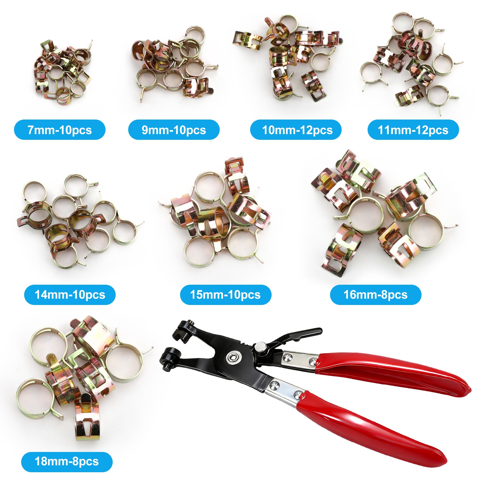 80×Professional Hose Clamp Kit 7-18mm Spring Band Clamps for Water Pipe w/ Plier