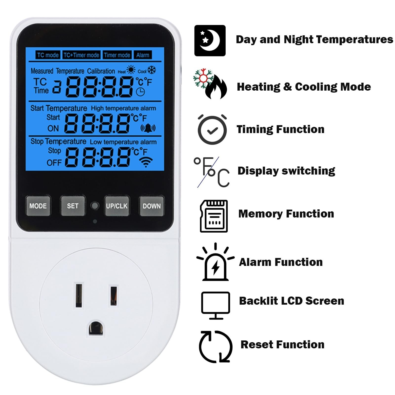 Digital Day Night Thermostat Outlet Plug with Timer, Heating Cooling Multi Pe...