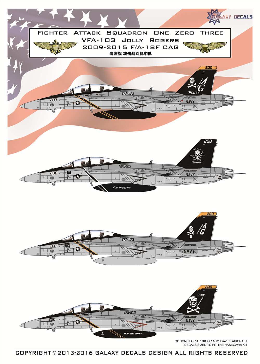GALAXY 1/48 1/72 F/A-18F VFA-103 Jolly Rogers Cags 2009-2015 Decal Flexible Mask