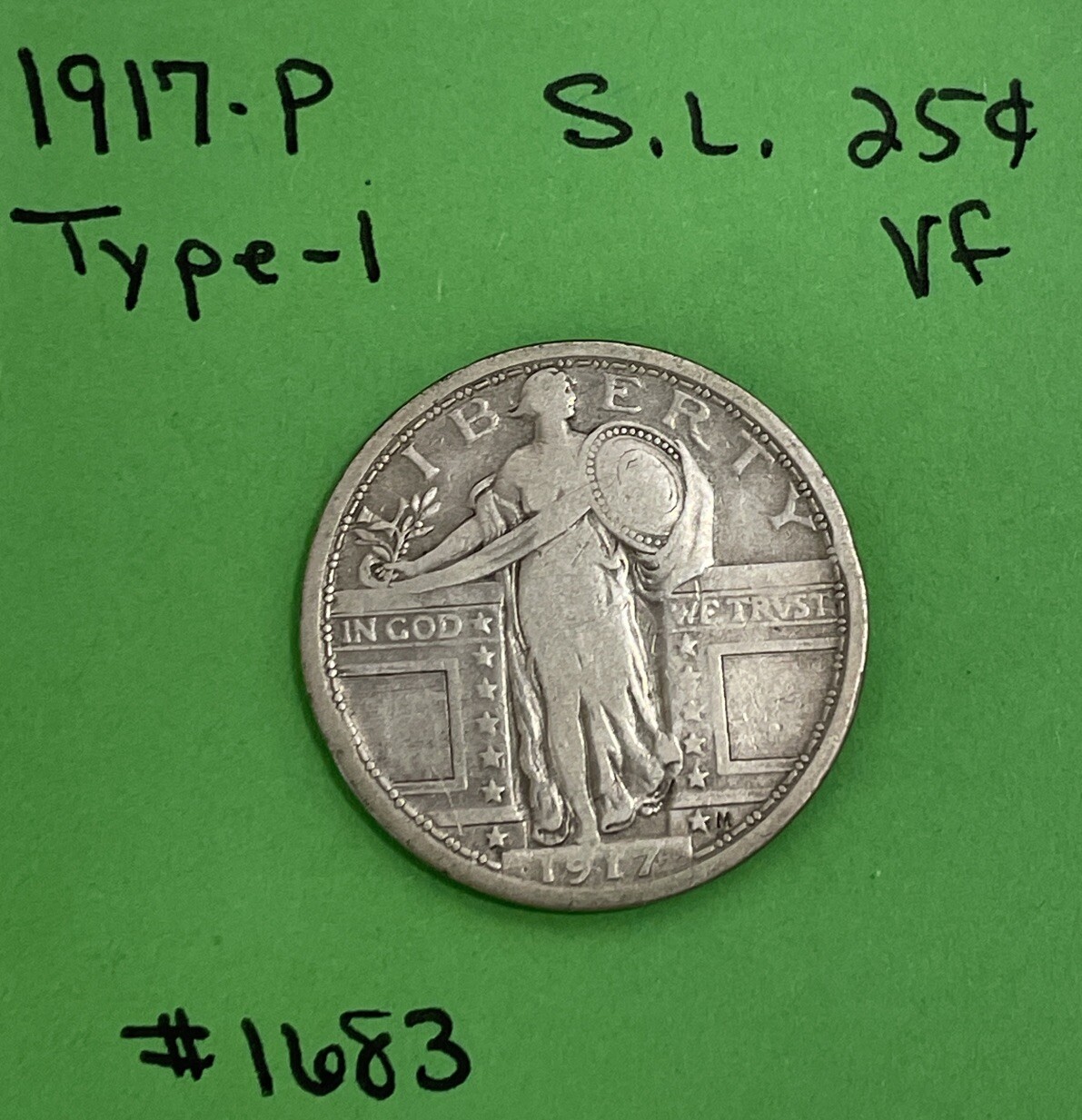 1917-P Type 1 Standing Liberty Quarter 25c VF Very Fine US Coin