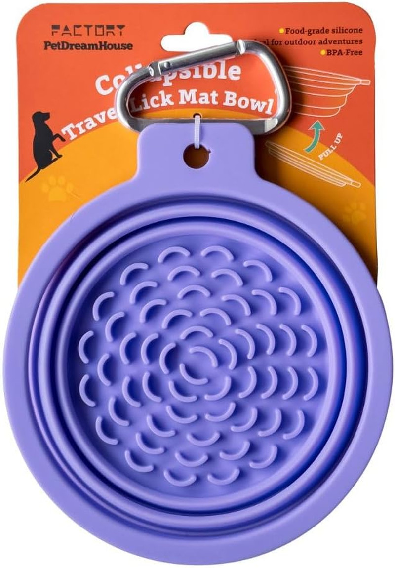 Collapsible Silicone Travel Dog Bowl with Lick Mat Bottom & Carabiner, Purple –