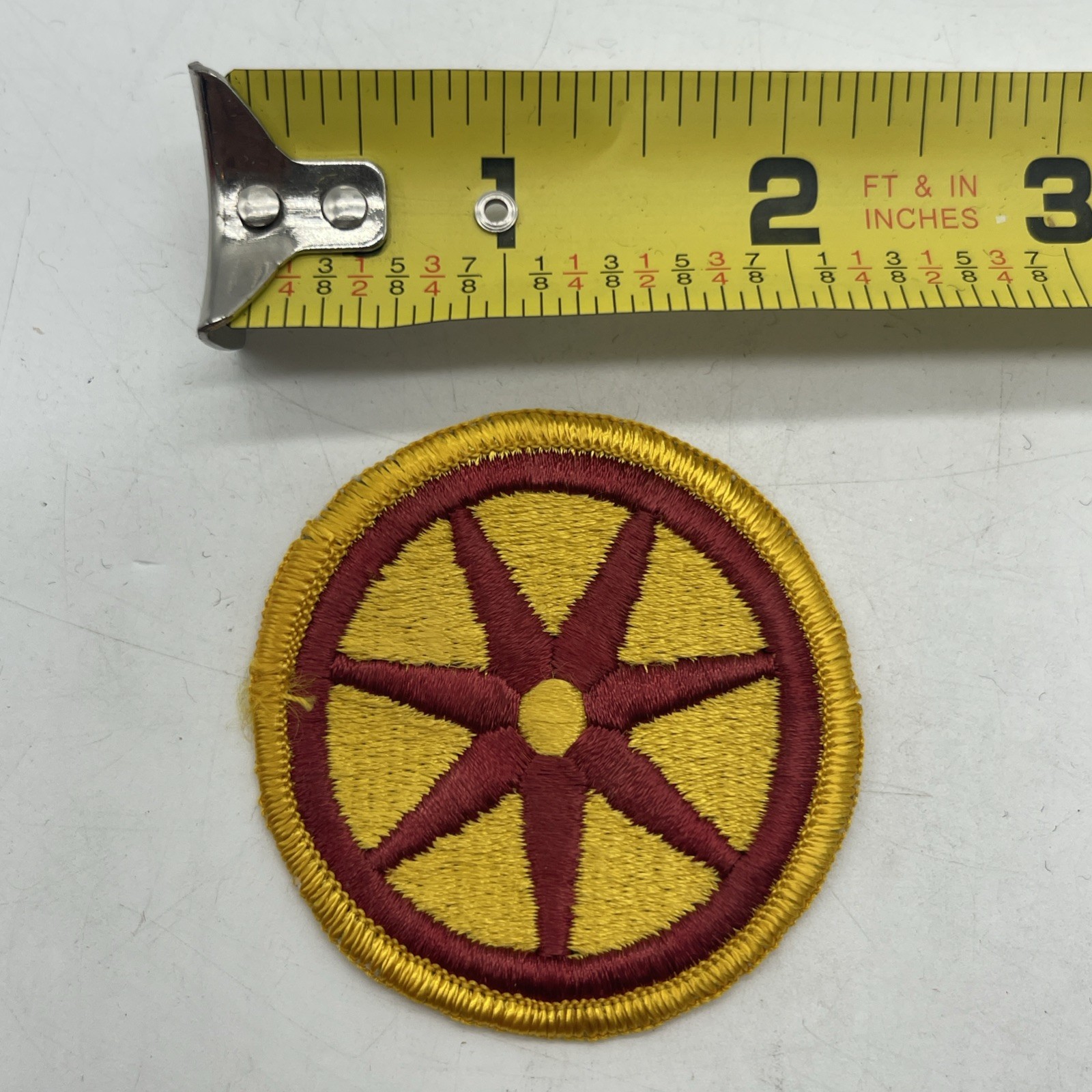 U.S. Military Army 107th Transportation Brigade Patch Gold Red Maroon Wheel ~2”