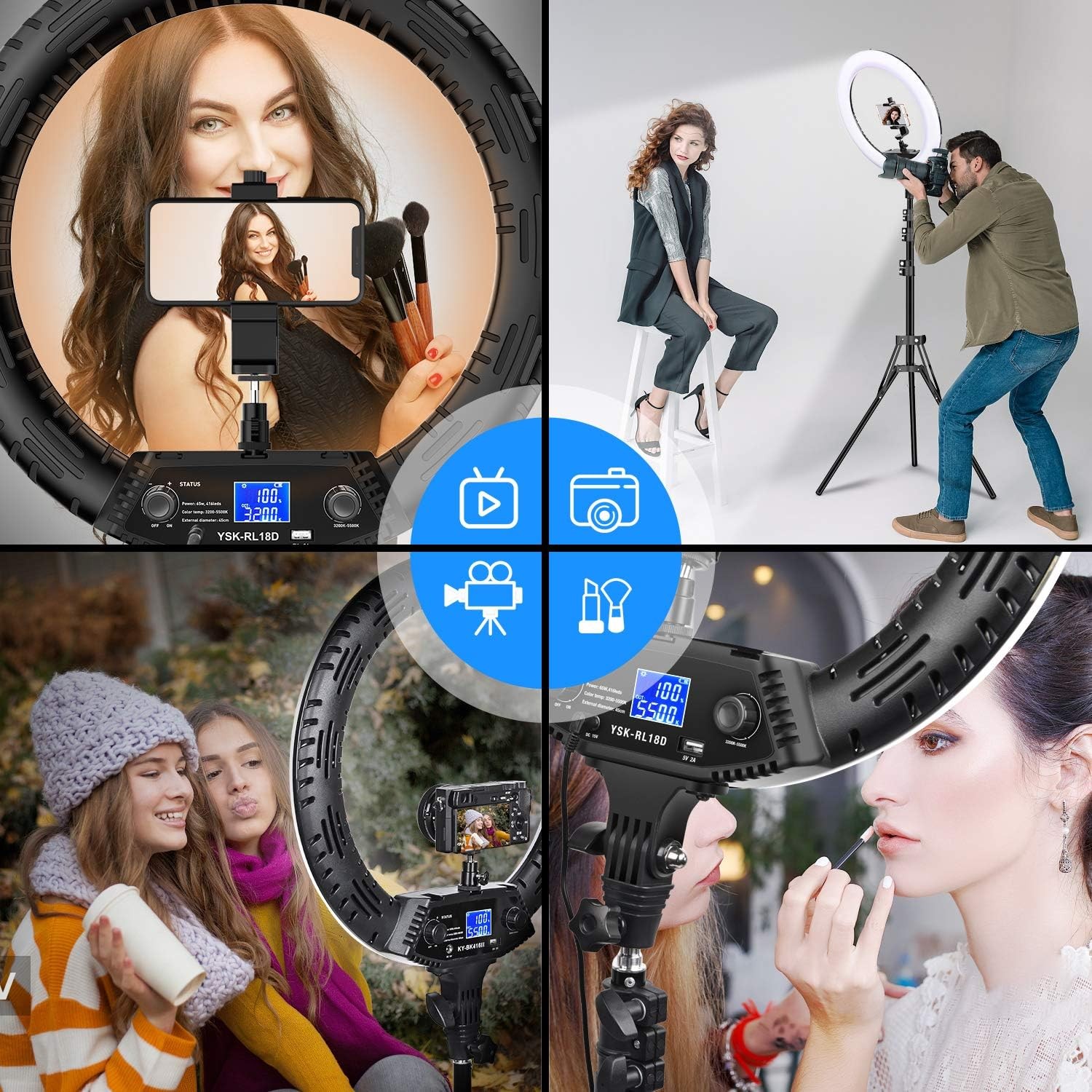 18 Inch Ring Light with Tripod Stand 65W