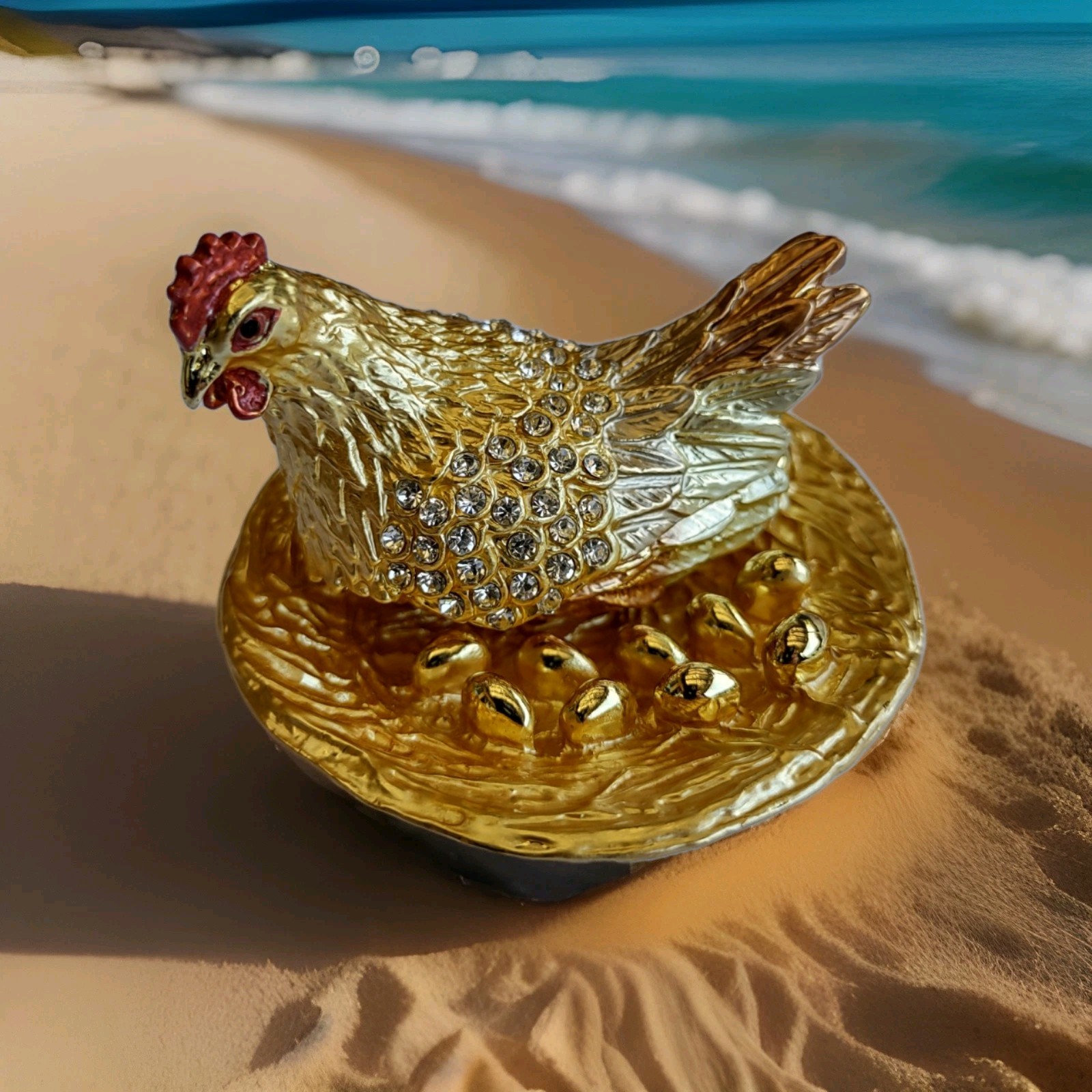 Gold Brown Chicken Hen Trinket Box