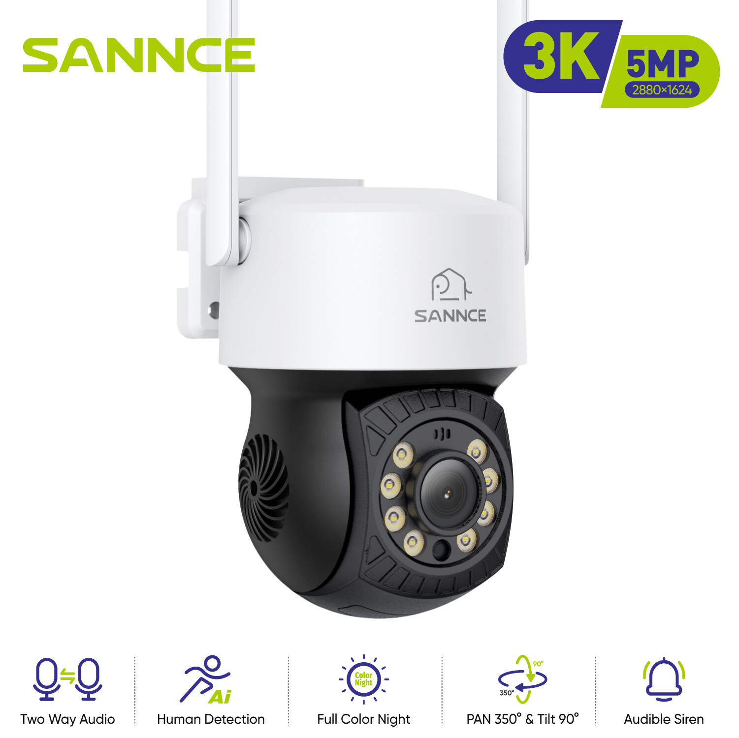 SANNCE 5MP Wireless Security Camera PT WiFi Two Way Audio Color Night Vision AI