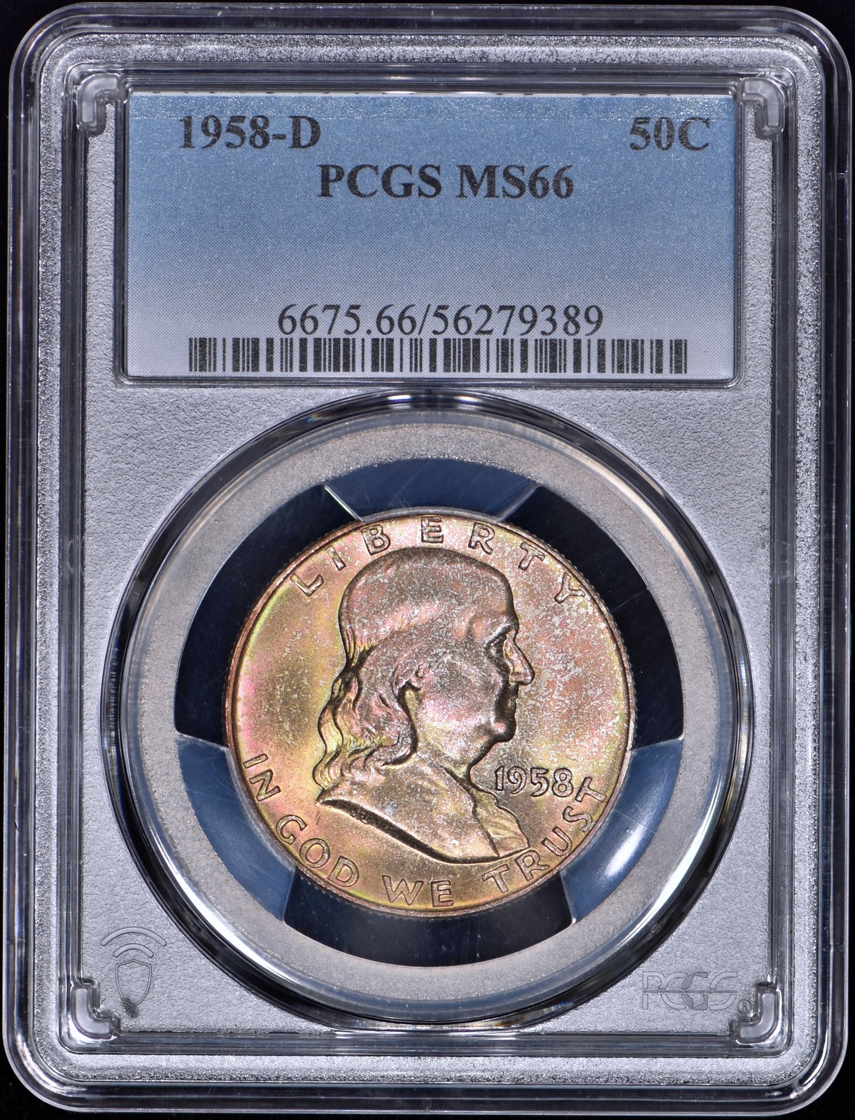 1958-D Franklin Half Dollar 50c PCGS MS66 - Beautiful Toning/Color!