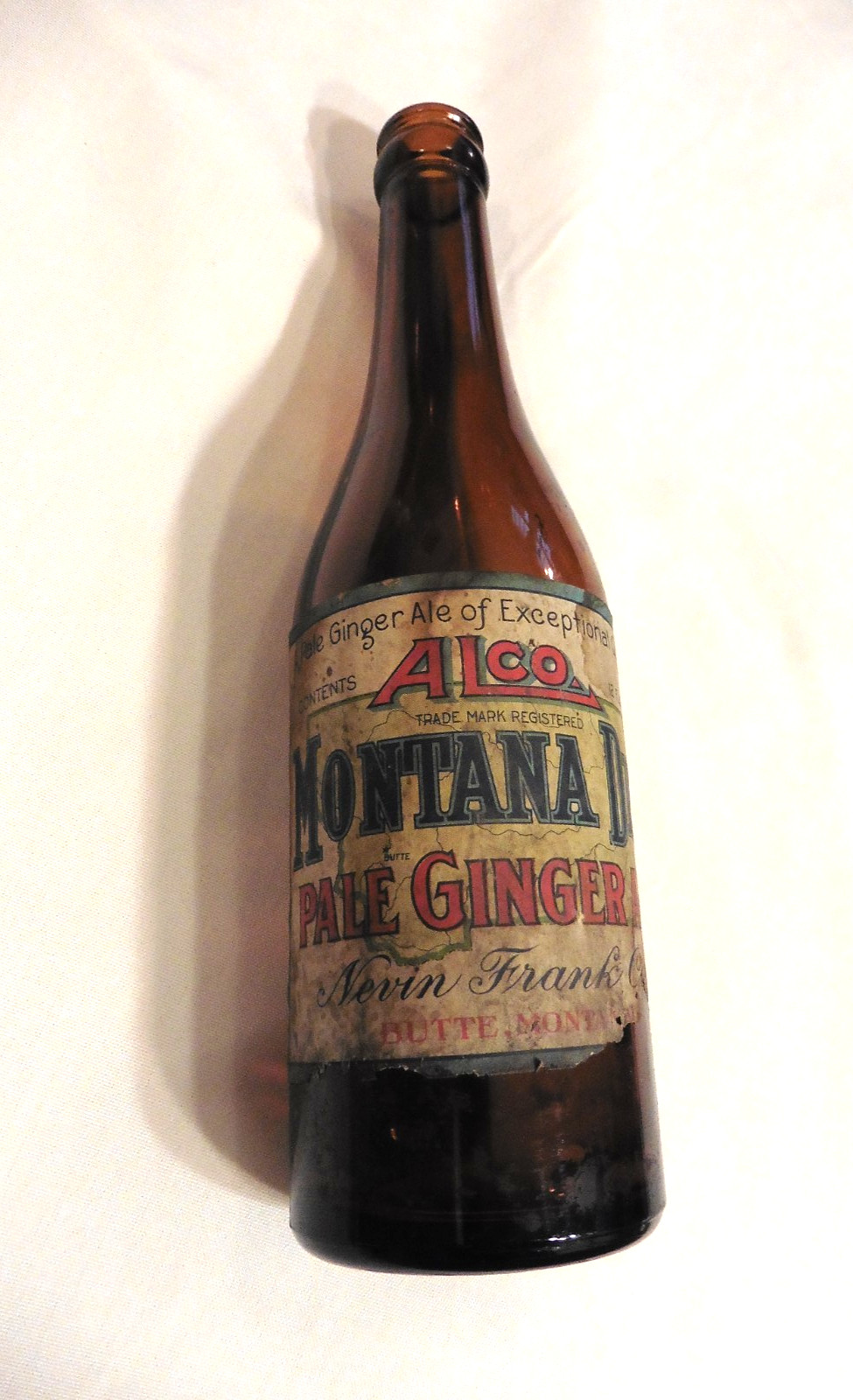 Vintage MONTANA Dry Pale Ginger Ale Bottle, NEVIN FRANK CO. Butte MT, Rare Paper