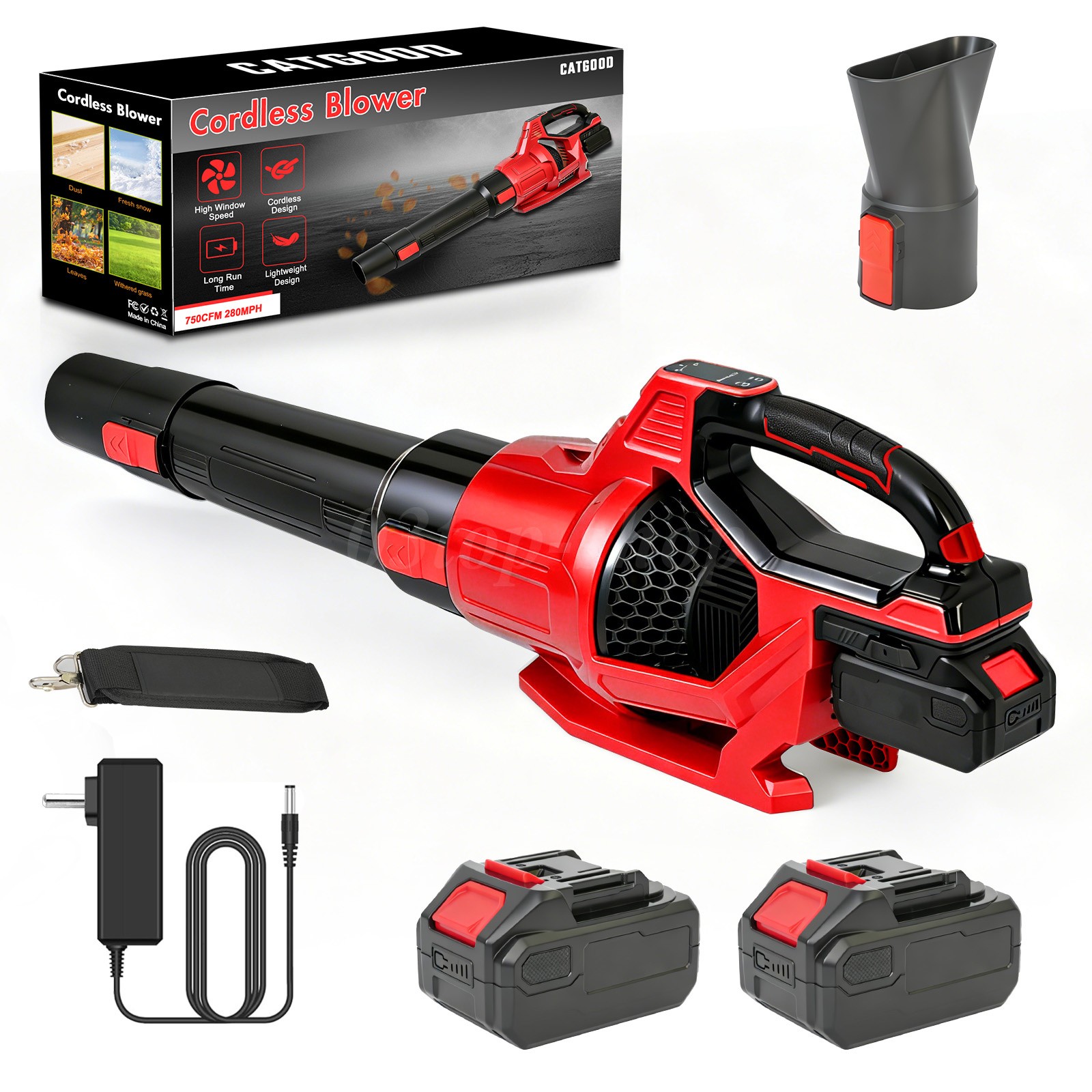 Cordless Leaf Blower 650CFM/280MPH & 3 Speed Levels Electric w/2 Batteries 6.0Ah