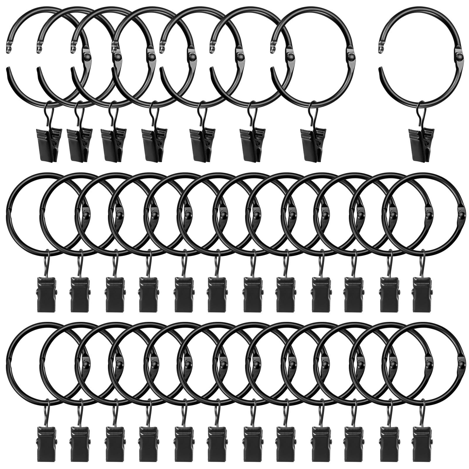 LLPJS Openable Curtain Rings with Clips, Open 1.5" I D Set of 32, Black