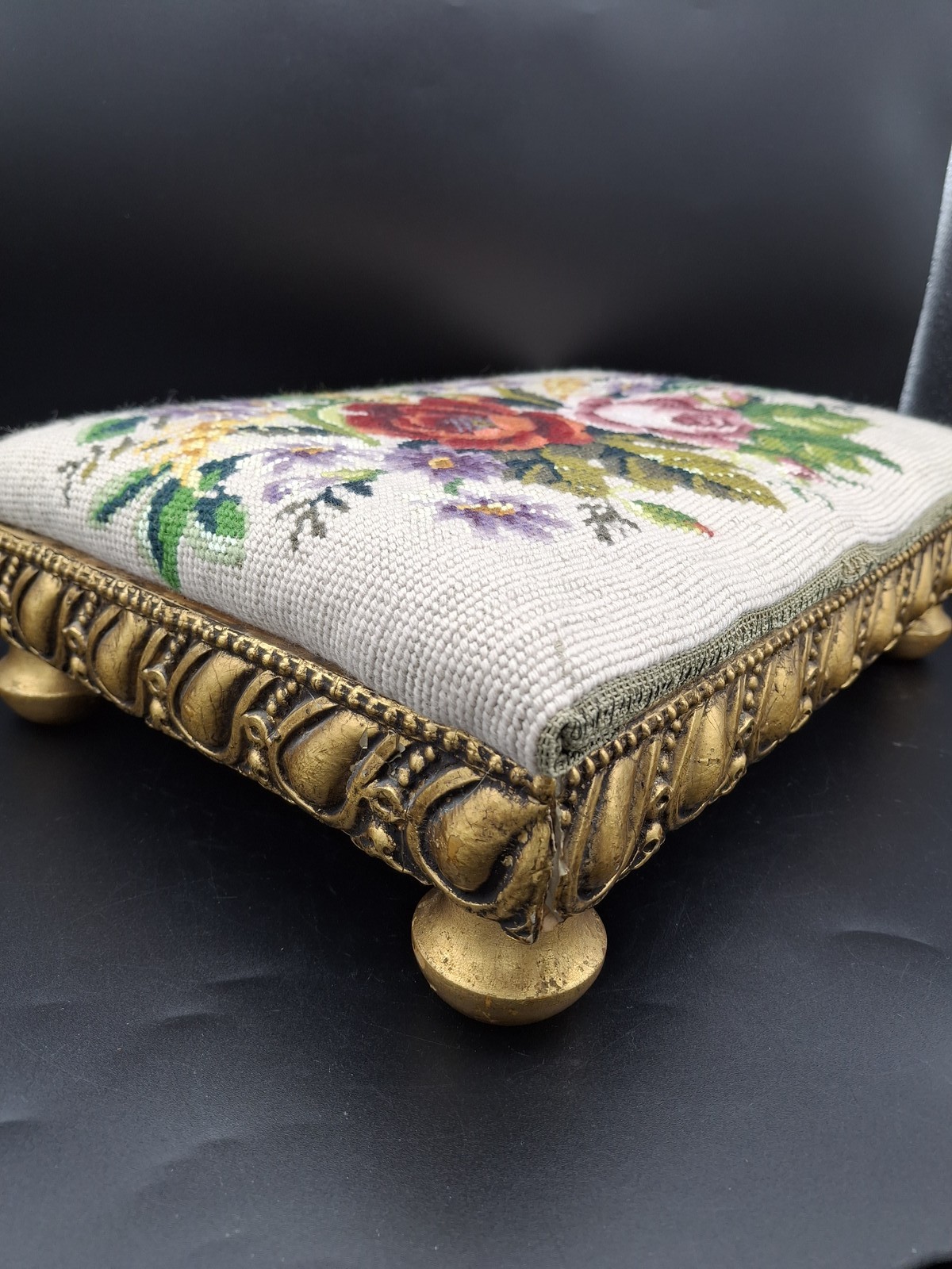 Petit point foot rest gilt foot stool vintage sweden