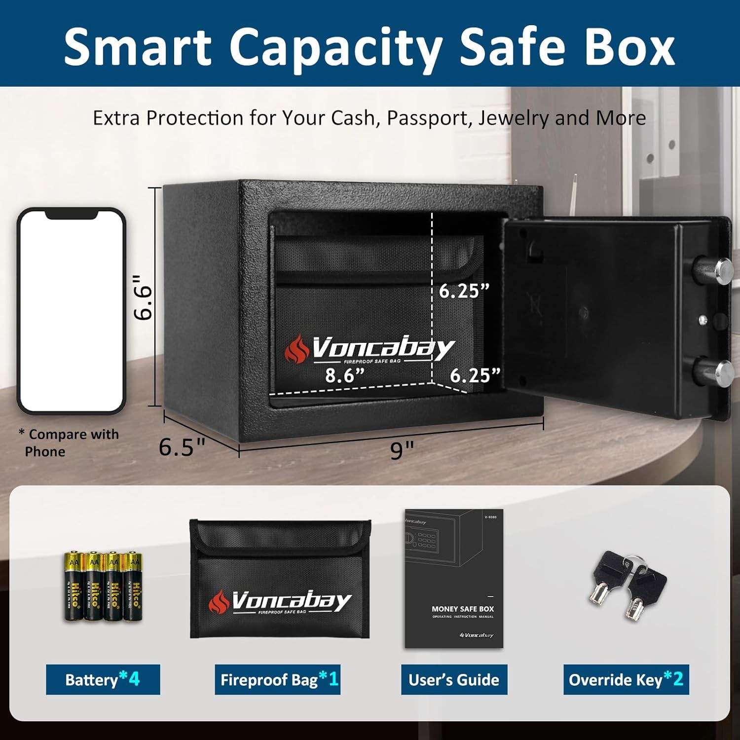 Home Security Safe Box with Sensor Light & Fireproof Money Bag