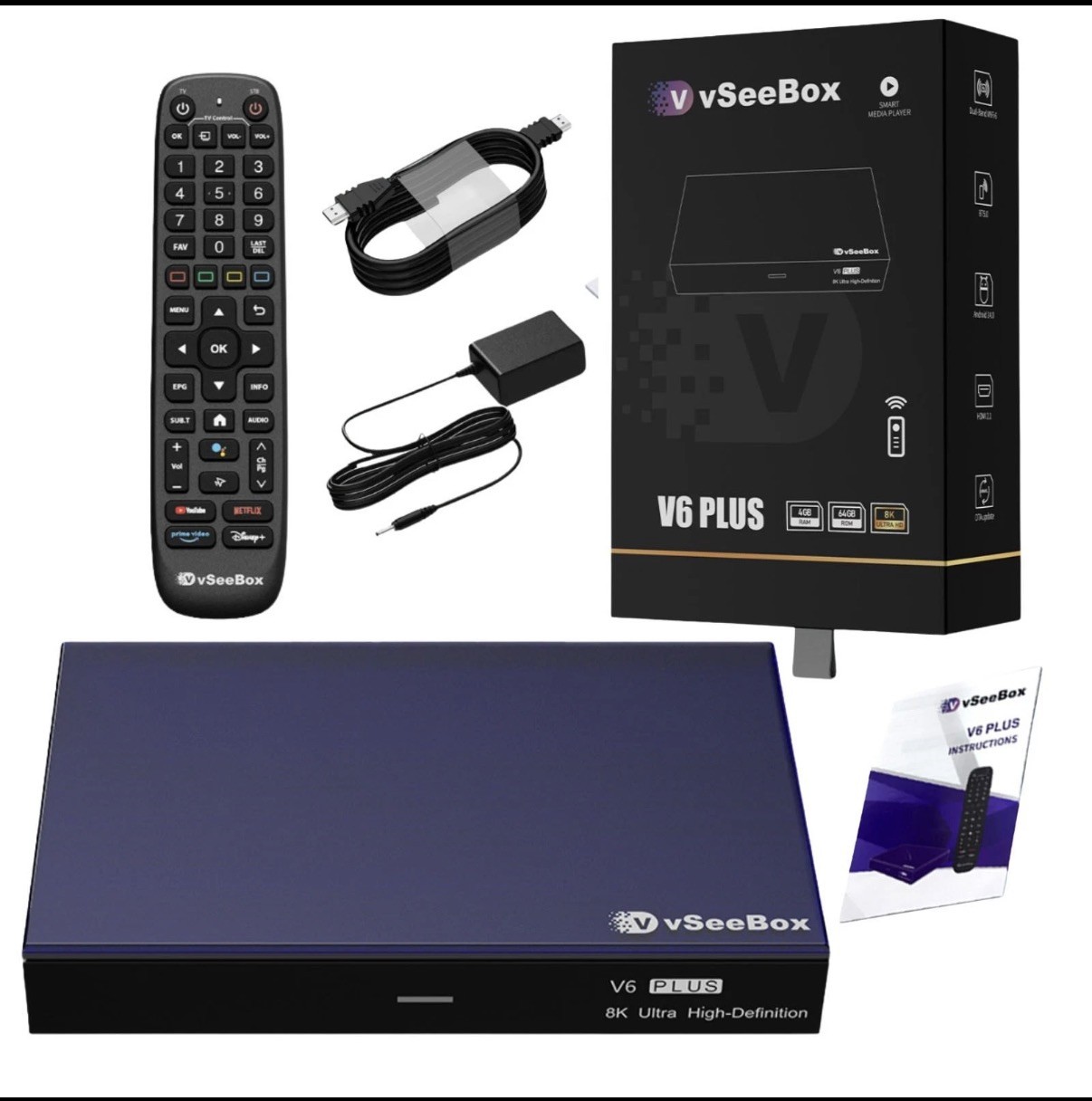 V6 Plus TV Box with Android 14, 4GB RAM 64GB Storage, Remote