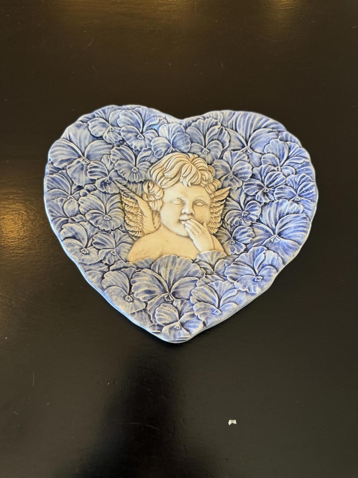 Vintage Italian Cherub Heart Dish Blue Floral Trinket Tray