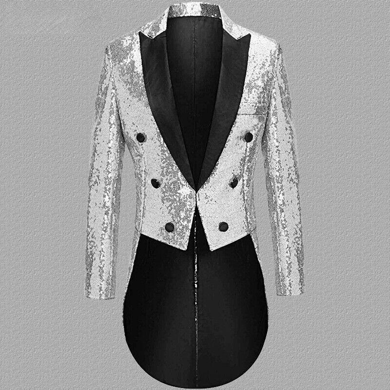 Men Slim Glitter Sequin Tuxedo Suit Jacket Tailcoat Dress Coat Wedding Party Top