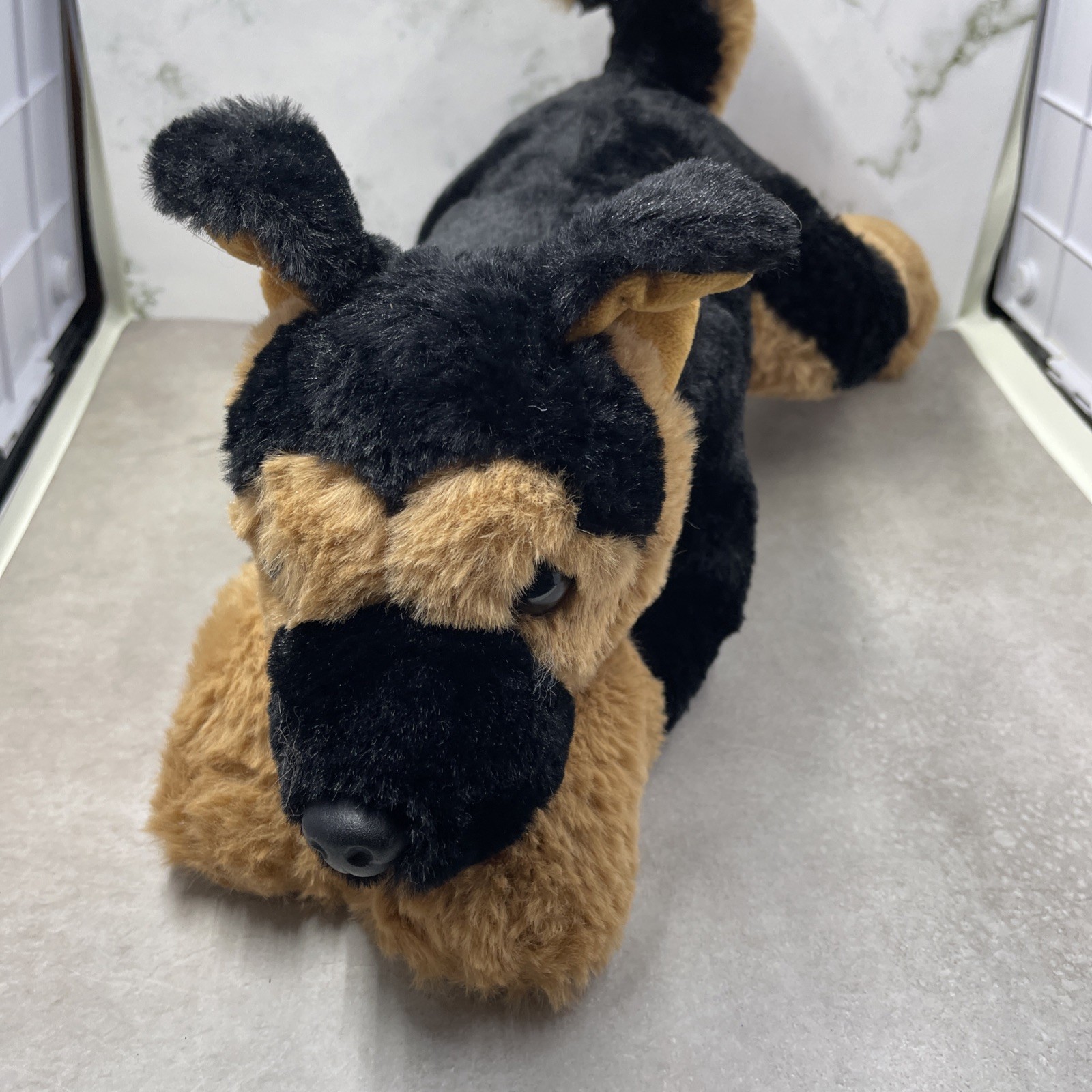 FAO Schwarz German Shepherd Black Brown Puppy Dog Plush Stuffed Laying Down 14”