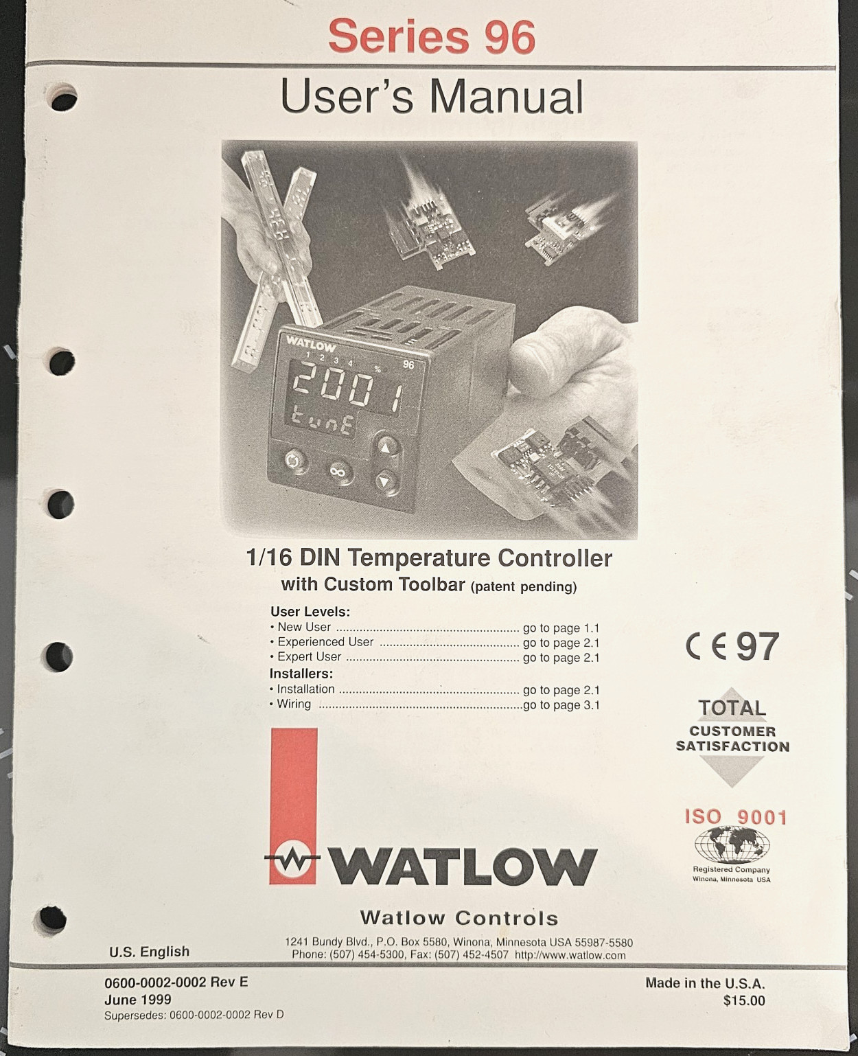 Watlow Series 96 User Manual for 1/16 DIN Temperature Controller Rev E June 1999