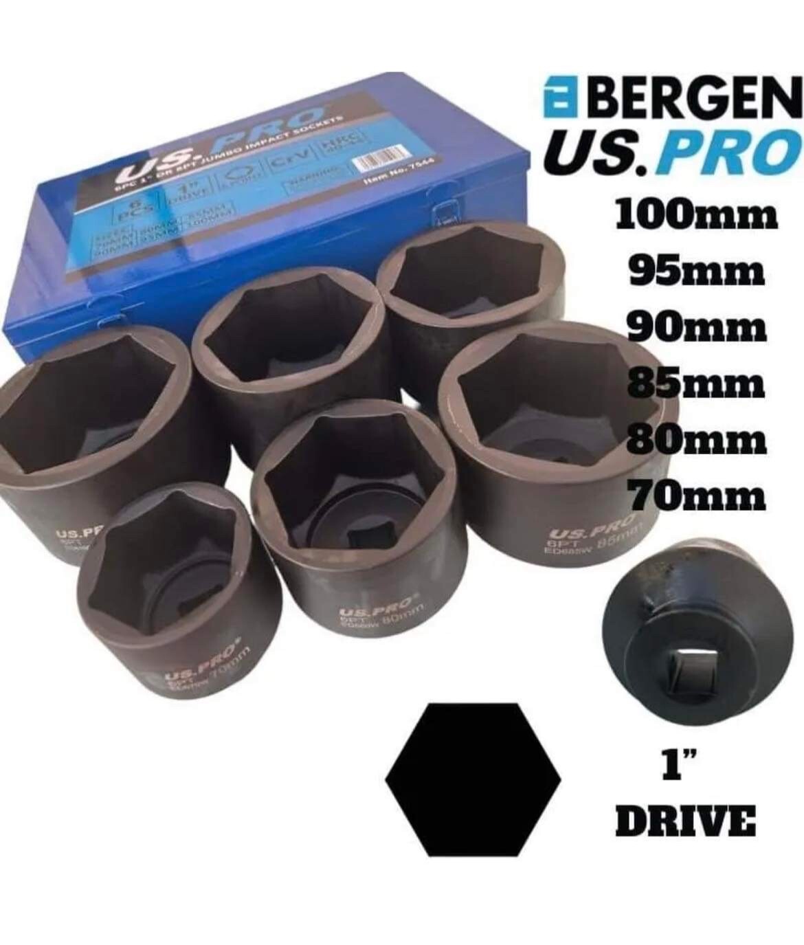 US PRO Tools 6pc 1" Dr 6pt Jumbo Impact Sockets 70, 80, 85, 90, 95, 100mm 7544