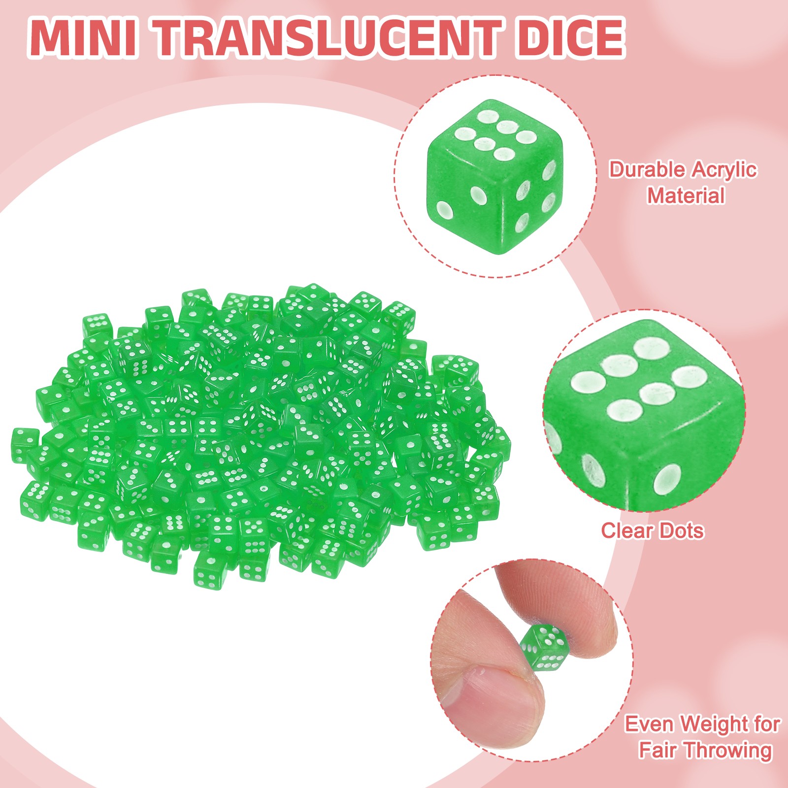 300Pcs Translucent Polyhedral Dice 5mm 6 Sided Square Corner Dice, Green