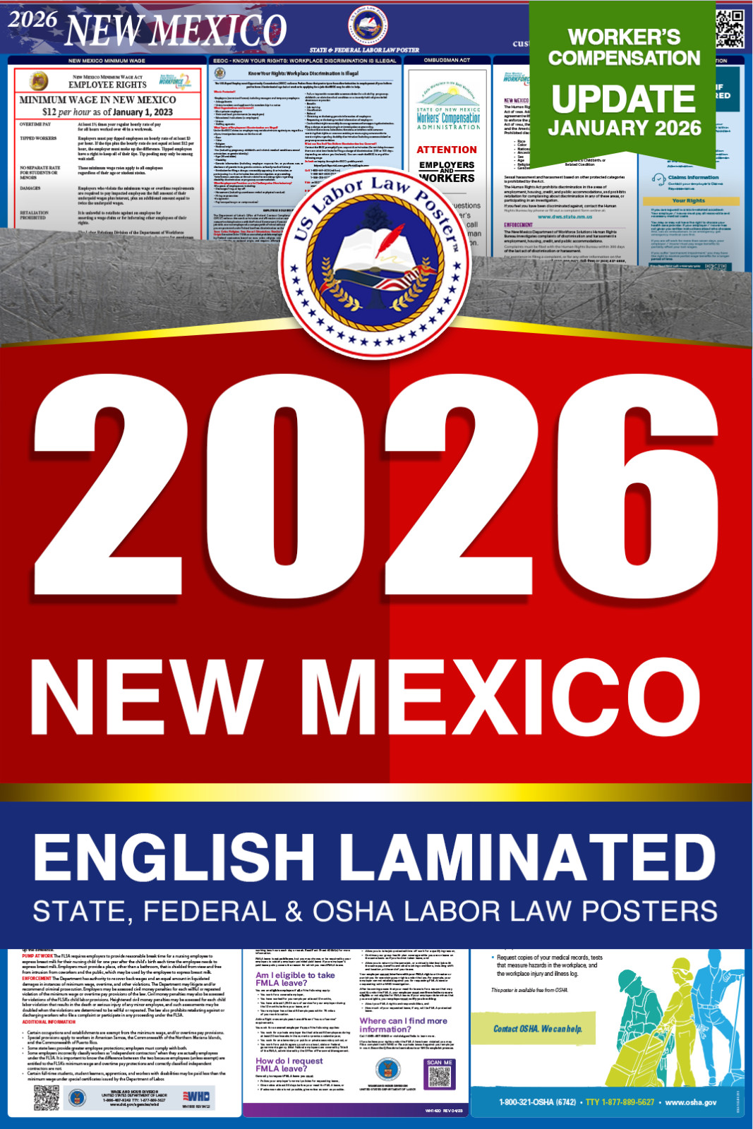 2026 New Mexico NM LABOR LAW POSTER (Federal & State) English Laminated