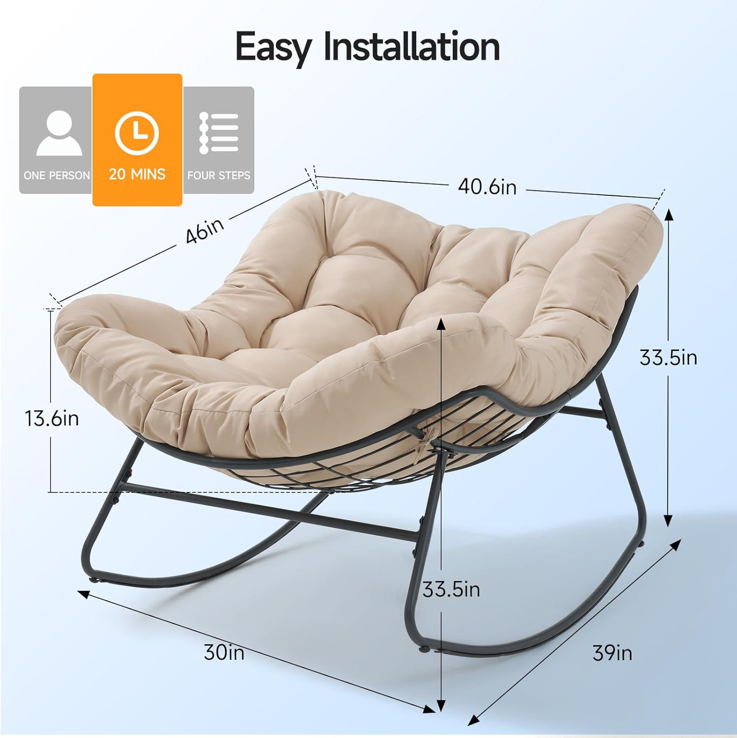 Papasan Rocking Chair Indoor, Oversized Rocking Chair with Thickened Cushion, 45