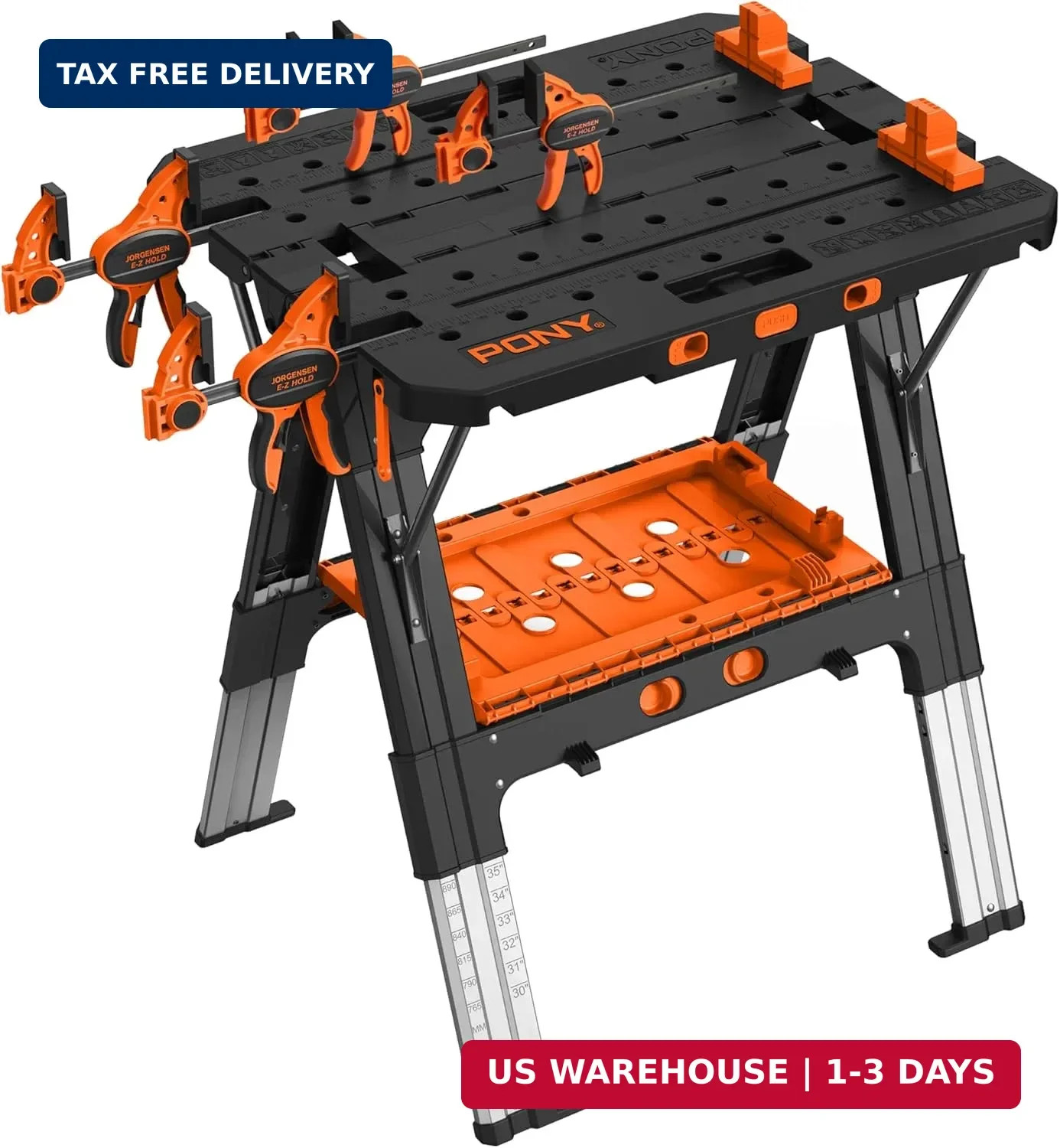 Portable Folding Work Table, 2-in-1 as Sawhorse & Workbench, 31" W×25" D×25"-35"
