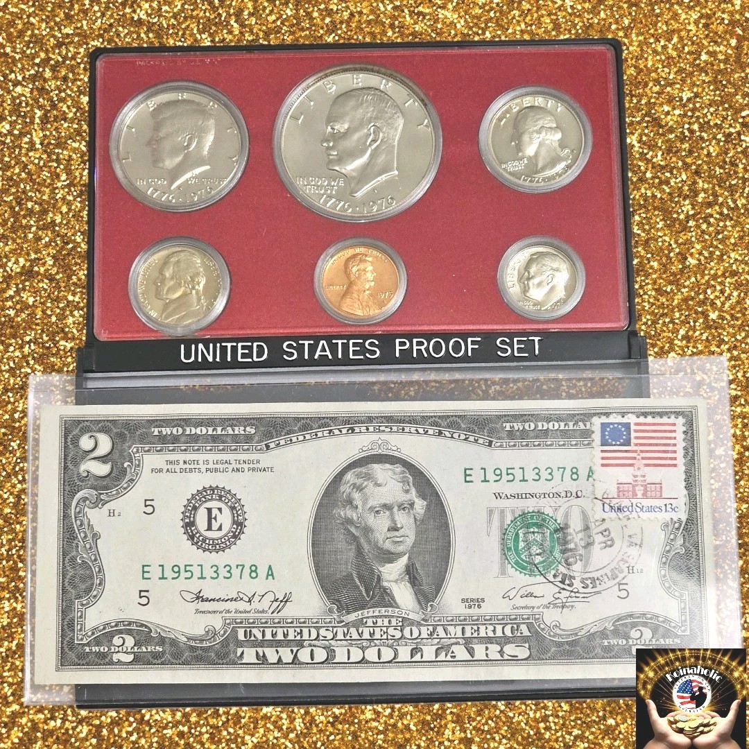 1975 S BICENTENNIAL Eisenhower Kennedy Washington Clad Proof Coin & $2 Bill
