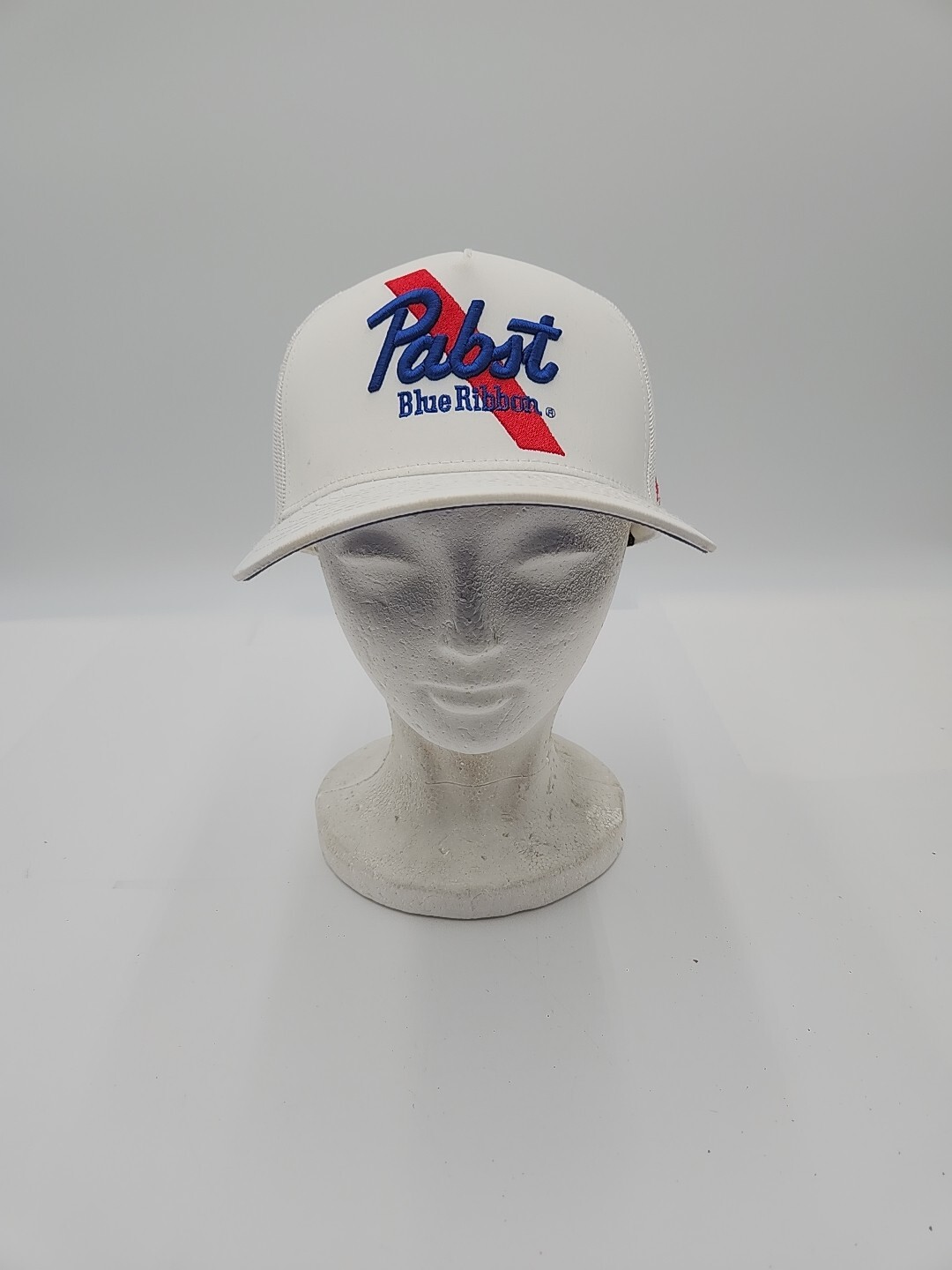 Pabst Blue Ribbon Embroidered Text Snapback Curved Bill Trucker Hat White Hooey