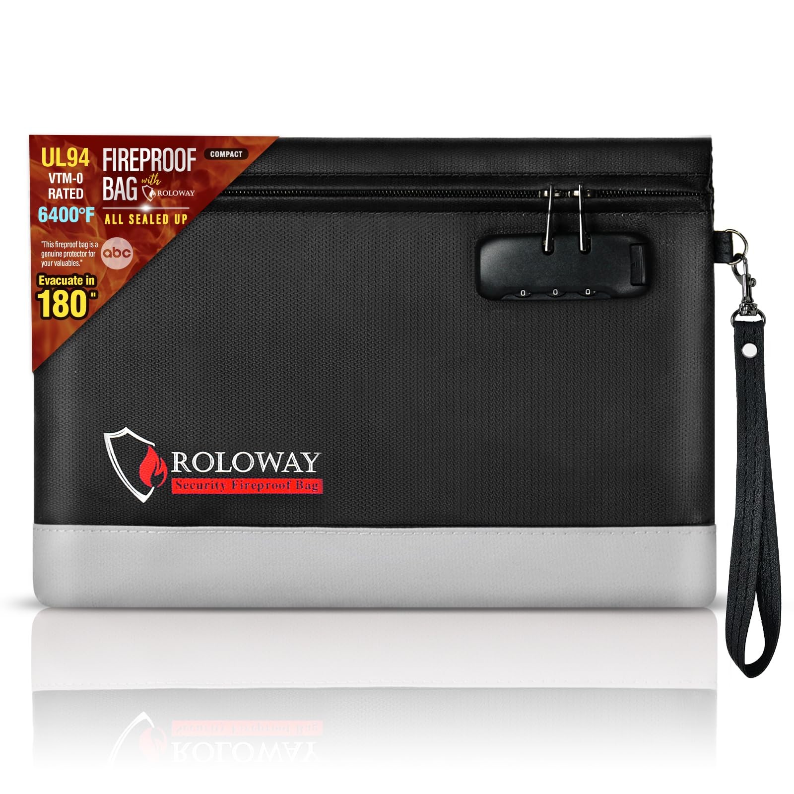 ROLOWAY Fireproof Money Bag with Lock for Cash, 6400°F 2.69 liters, Black