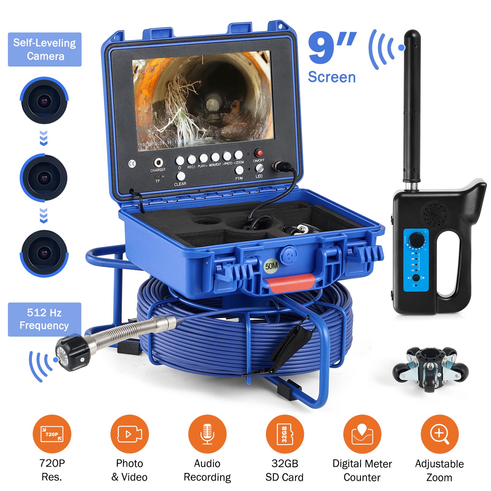 9" Self-Leveling Sewer Camera 50m/165ft Pipe Inspection w/ 512hz Sonde 720P 32GB