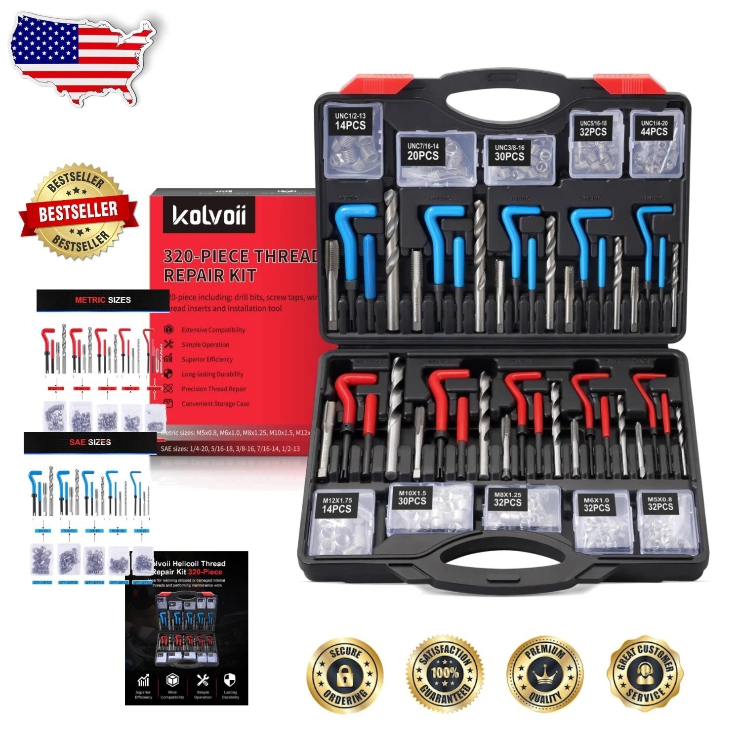 Master 320pc Helicoil Thread Restorer Kit - SAE Metric HSS Drill Tap Engine Stud