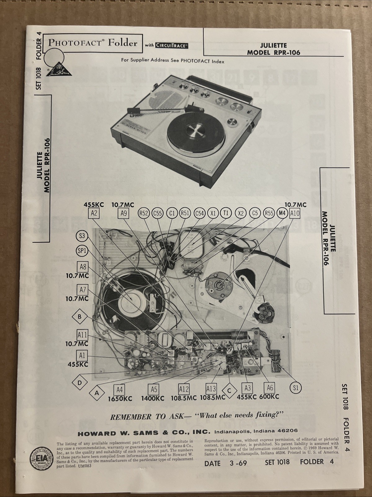 Vintage Sams Photofact Schematic 3-1969 JULIETTE MODEL RPR-106