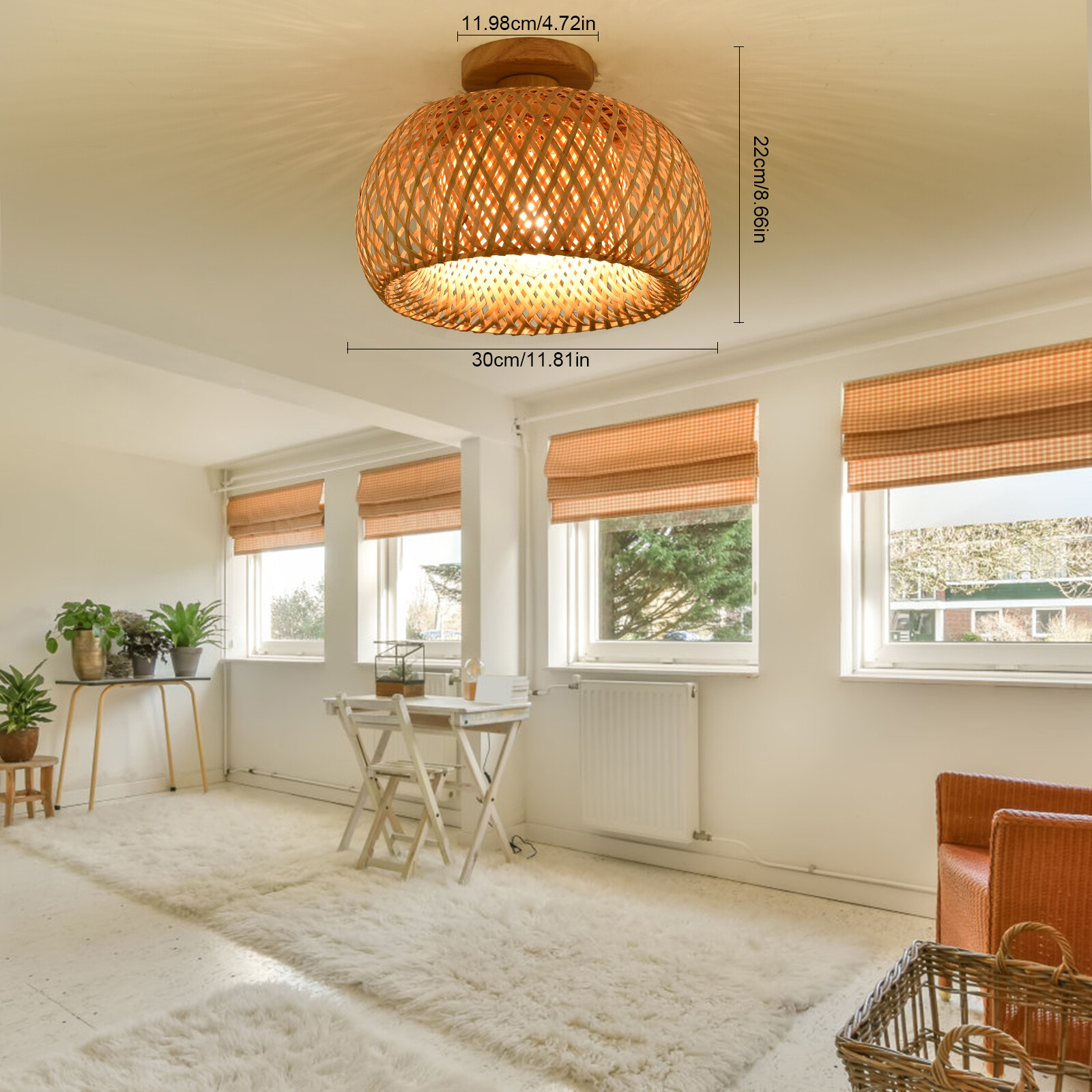 110V E26 Ceiling Light Semicircle Bamboo Pendant Light 60W Indoor Hanging Lamp