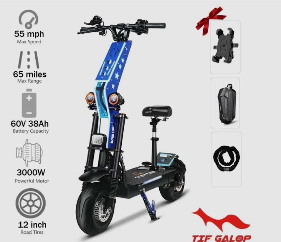 6000W foldable electric scooter for adults, dual motors, 12-inch tires, 55MPH, 6