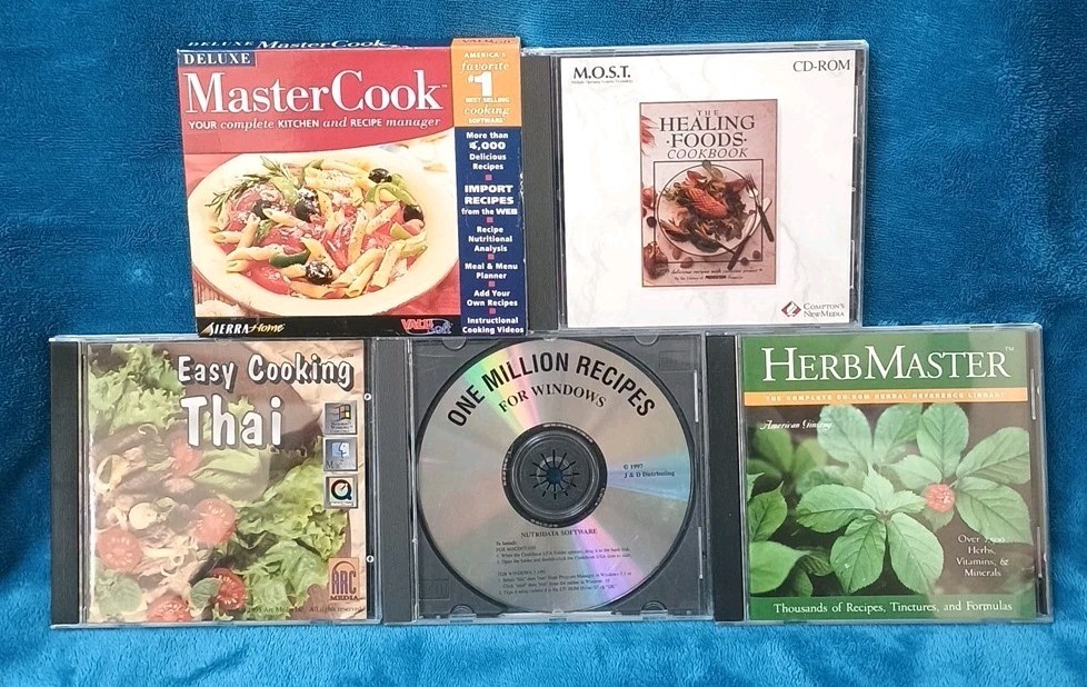 Lot of 5 CD-ROM Cookbooks Recipes: MasterCook,Healing Foods,Thai,Herb,1M Recipes