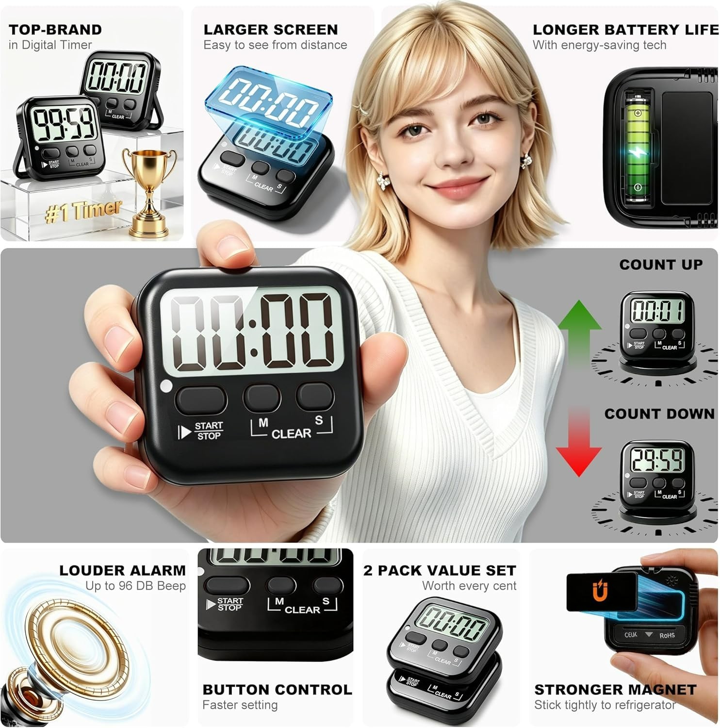 Versatile 2 Pack Countdown Timers - Perfect for Cooking, Study, and Exercise